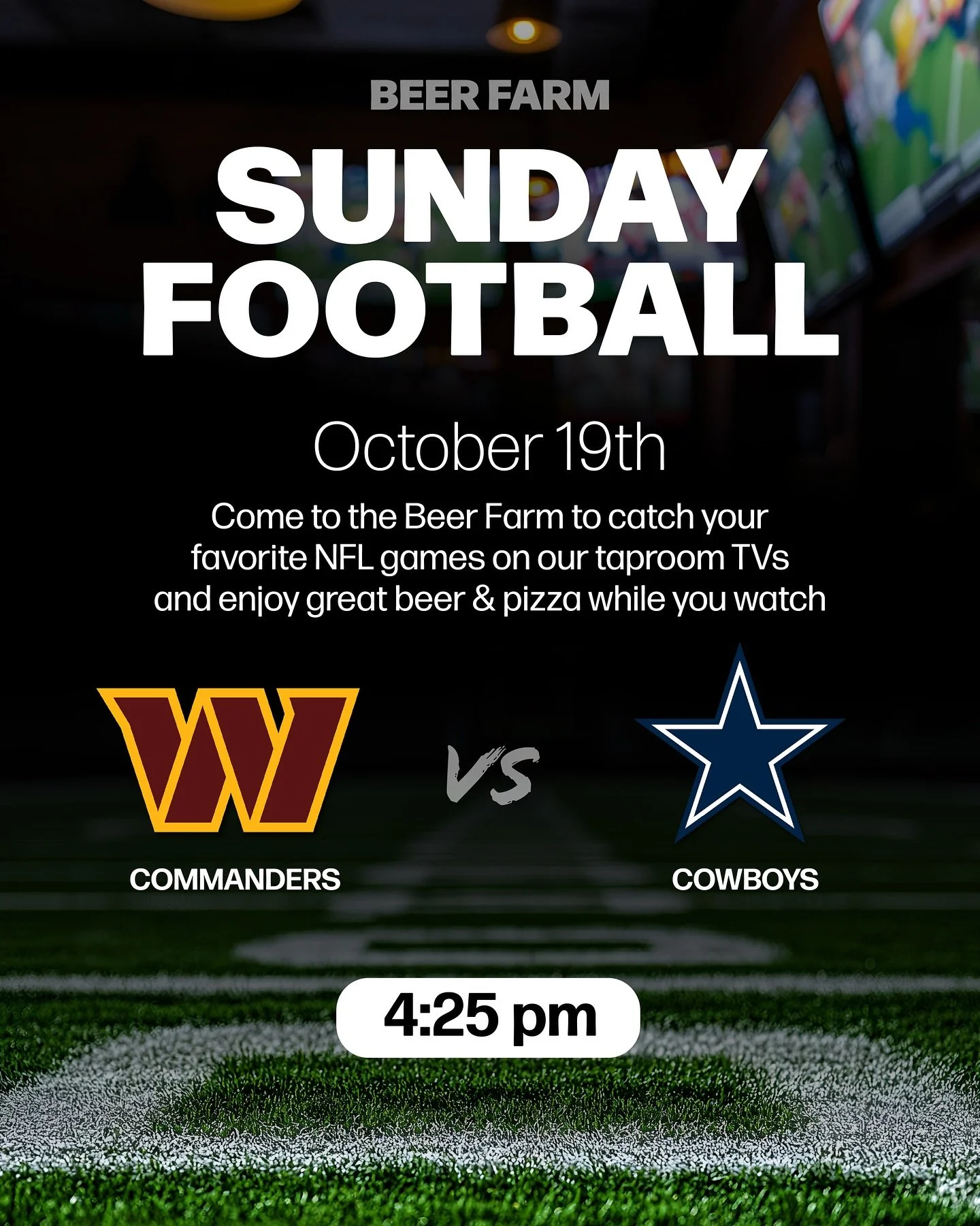 Your Sunday Football spot is here 🏈 Kick back with NFL games on our taproom TVs, craft beer, and brick oven pizza 🍕 See you Sunday at the Beer Farm 🍻