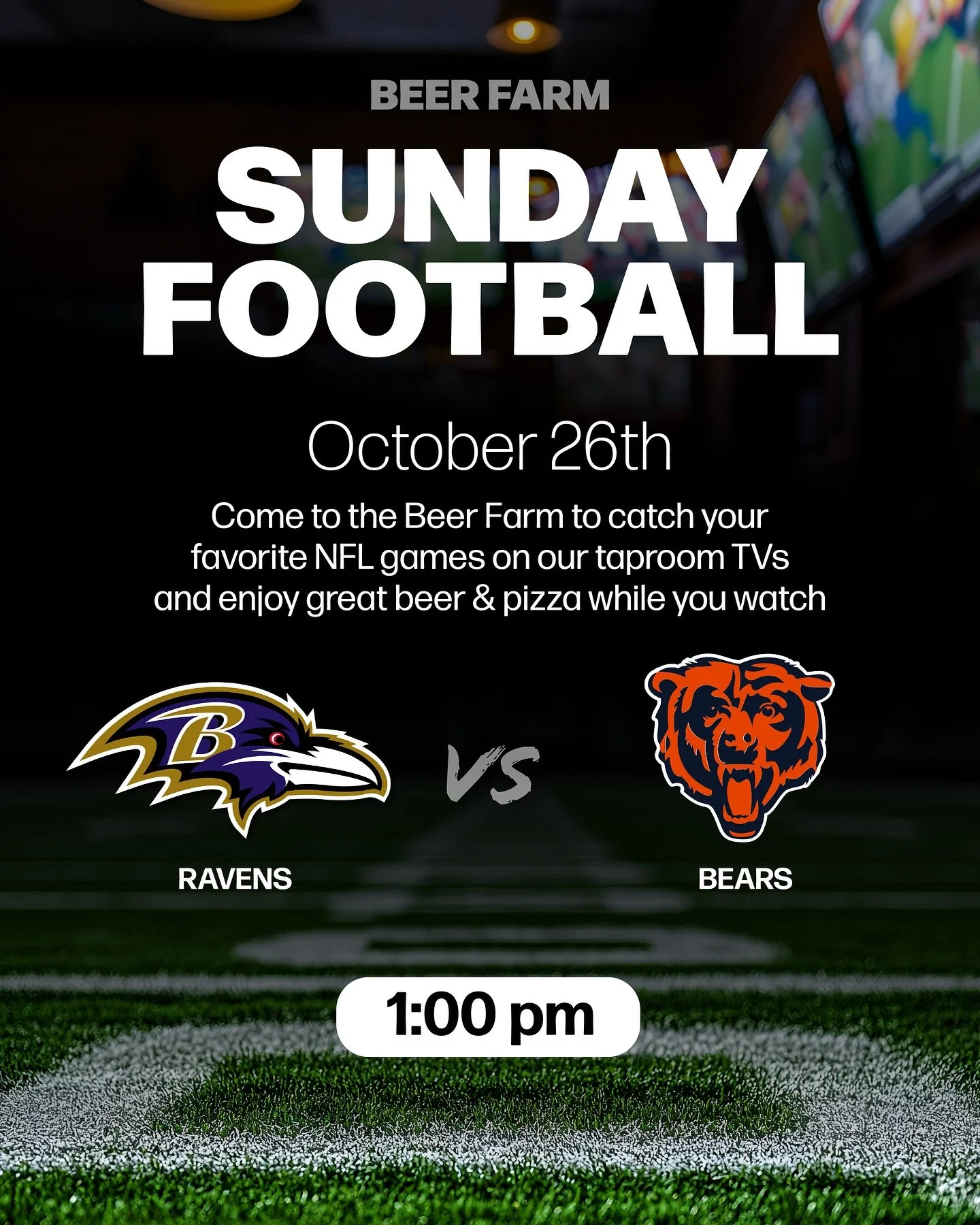 Your Sunday Football spot is here 🏈 Kick back with NFL games on our taproom TVs, craft beer, and brick oven pizza 🍕🍻 #BeerFarm #NFL
