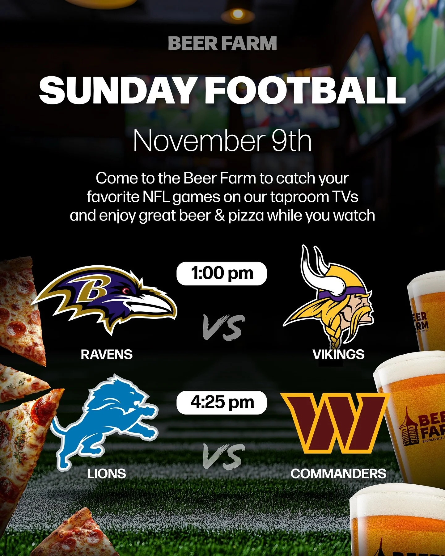 Your Sunday Football spot is here 🏈 Kick back with NFL games on our taproom TVs, craft beer, and brick oven pizza 🍕🍻 #BeerFarm #NFL