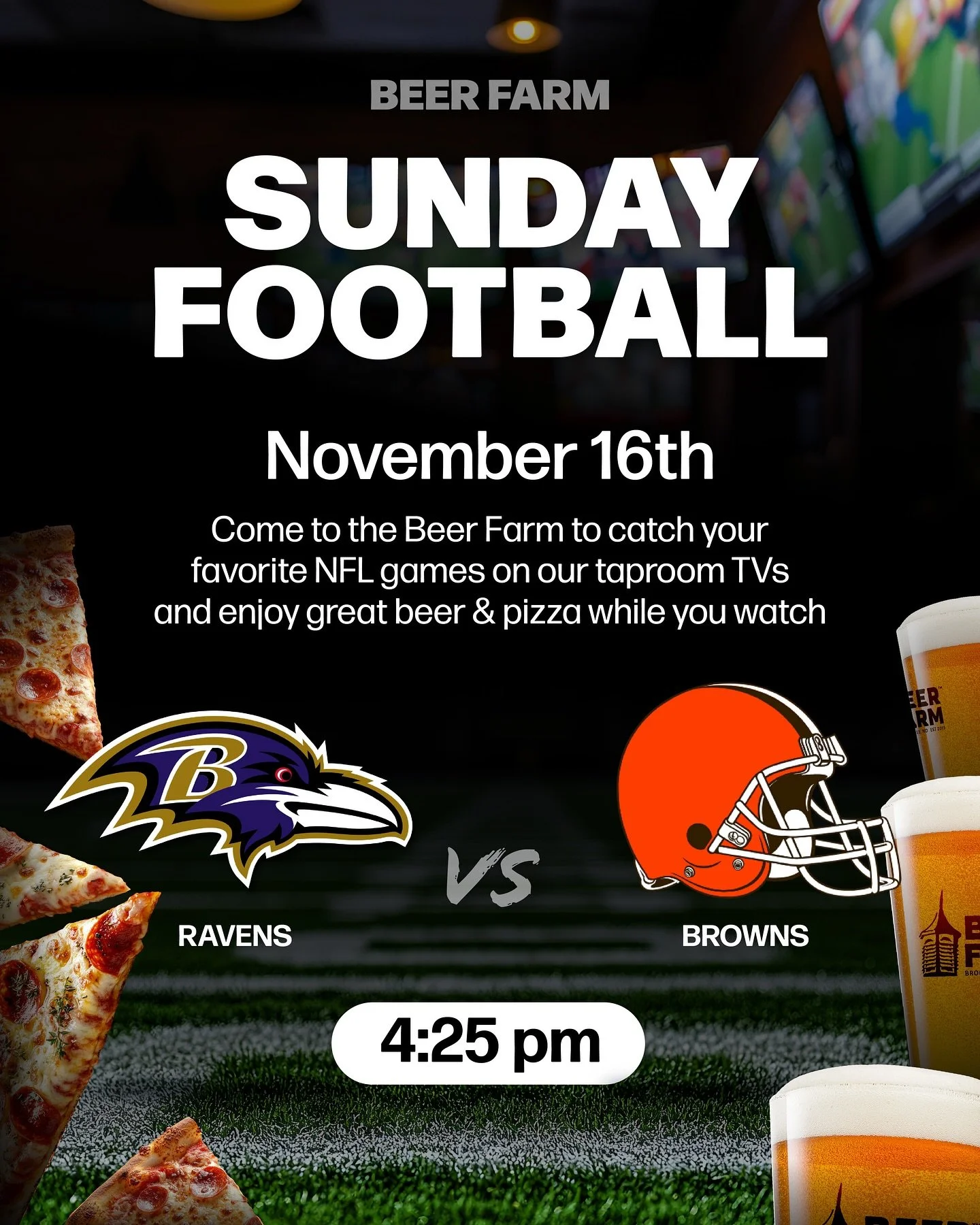 Your Sunday Football spot is here 🏈 Kick back with NFL games on our taproom TVs, craft beer, and brick oven pizza 🍕🍻 #BeerFarm #NFL