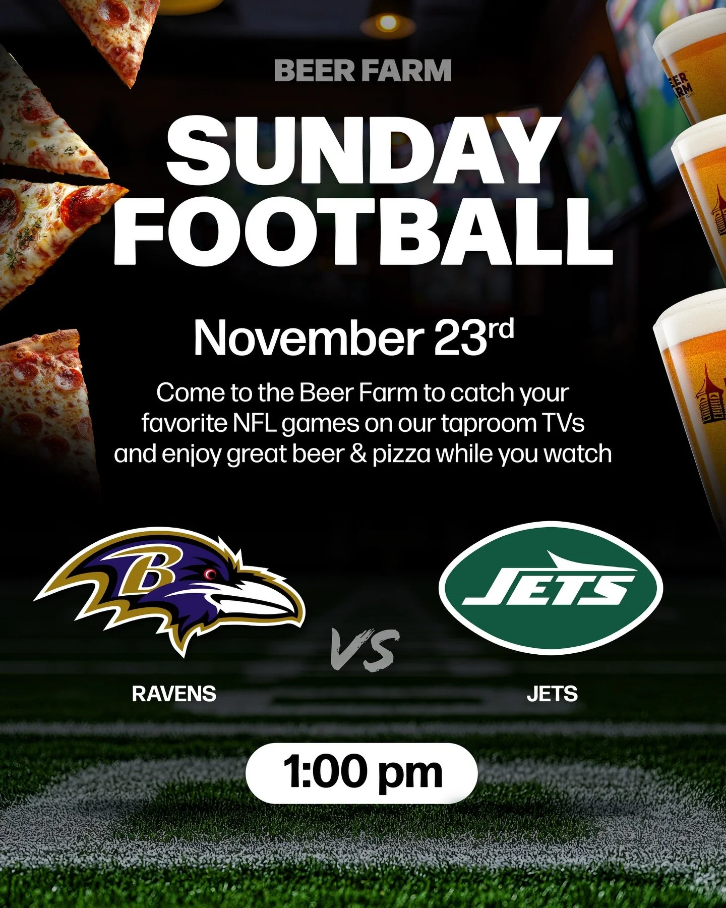 Your Sunday Football spot is here 🏈 Kick back with NFL games on our taproom TVs, craft beer, and brick oven pizza 🍕🍻 #BeerFarm #NFL