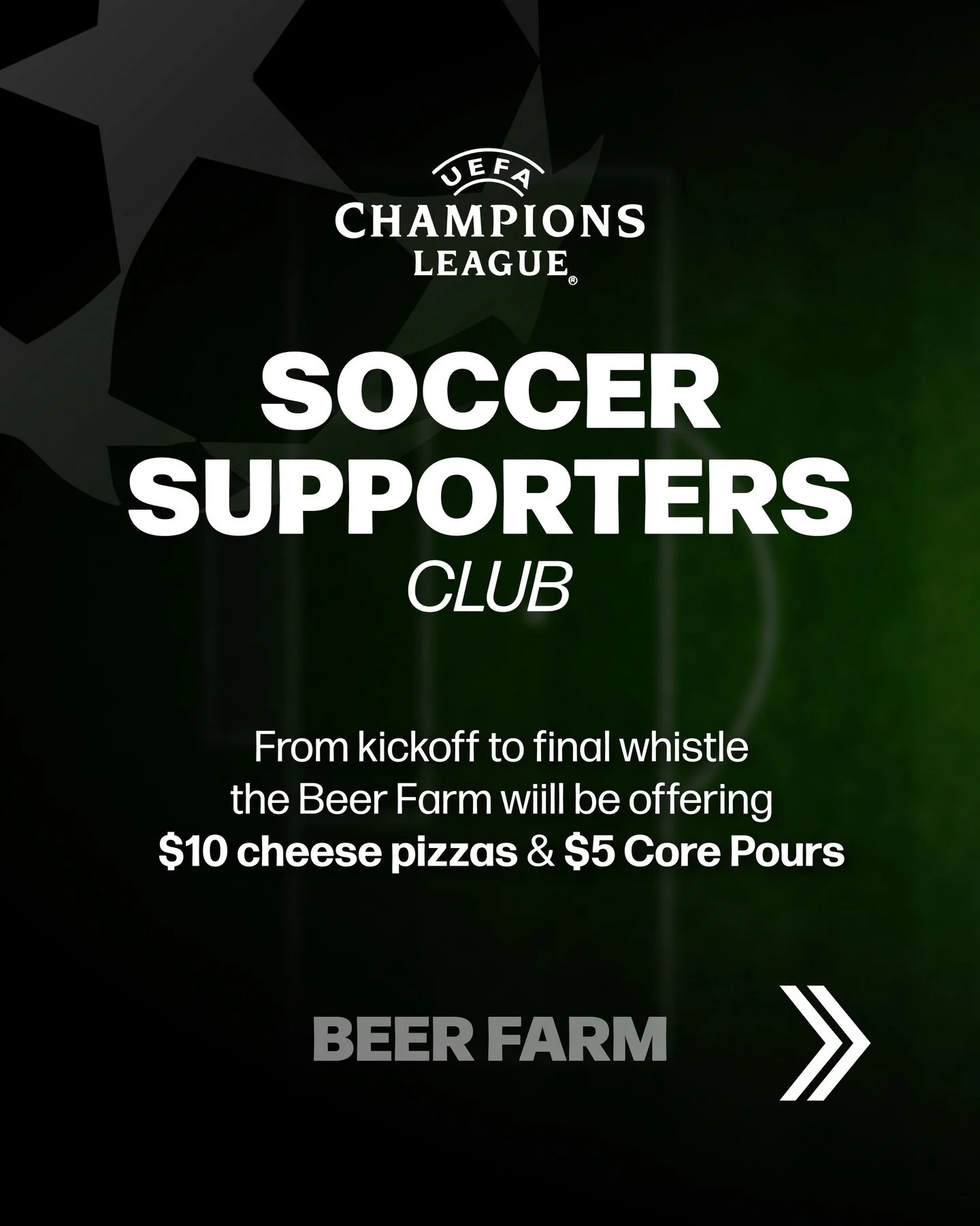 Join us Tuesday and Wednesday for Soccer Supporters Club! ⚽️ Enjoy $10 Cheese Pizzas and $5 Core Pours while watching the UEFA Champions League on our taproom TVs 🍻 See you soon! #BeerFarm #UEFA #Soccer