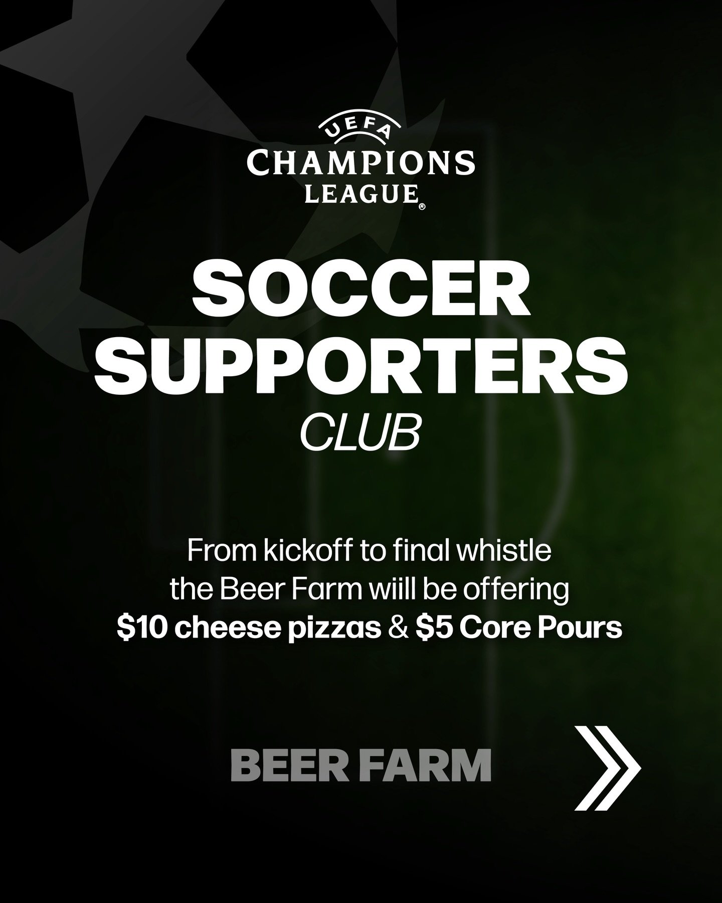 Join us Tuesday and Wednesday for Soccer Supporters Club! ⚽️ Enjoy $10 Cheese Pizzas and $5 Core Pours while watching the UEFA Champions League on our taproom TVs 🍻 See you soon! #BeerFarm #UEFA #Soccer