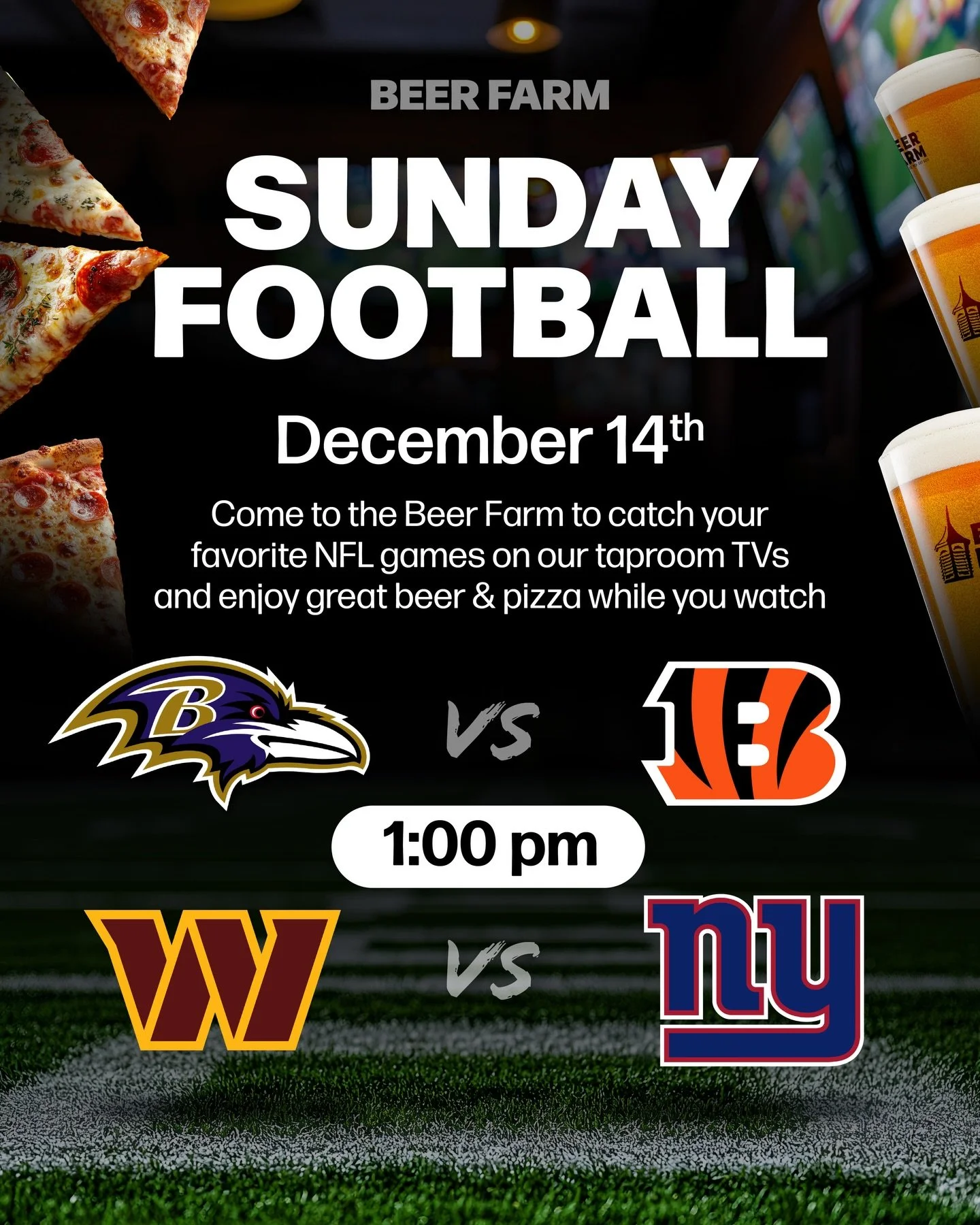 Your Sunday Football spot is here 🏈 Kick back with NFL games on our taproom TVs, craft beer, and brick oven pizza 🍕🍻 #BeerFarm #NFL