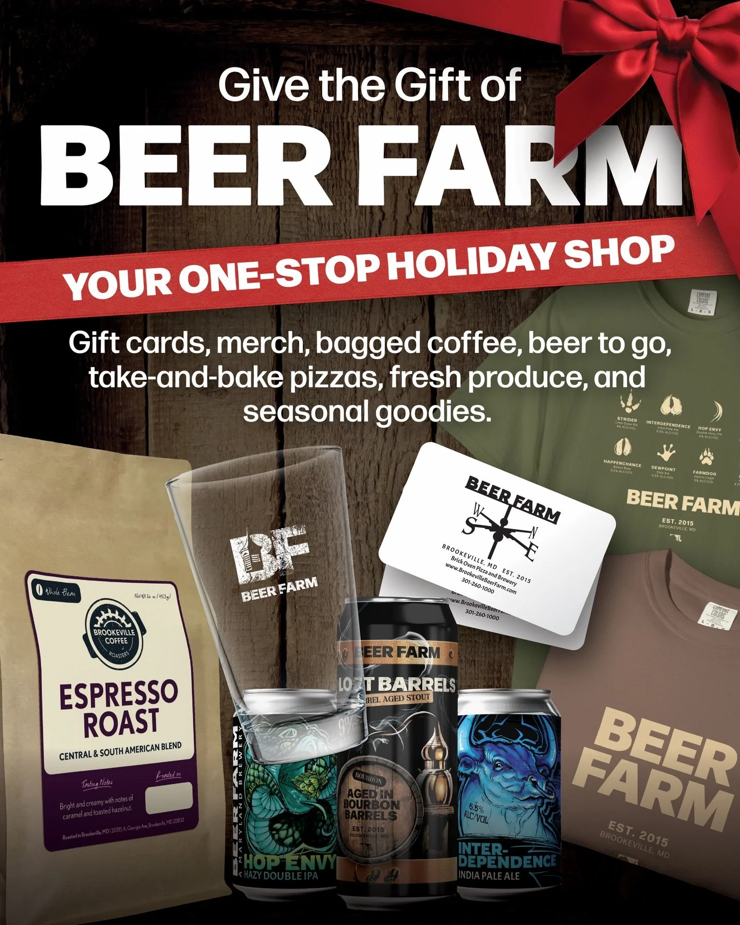 Need the perfect gift? 🎁 Beer Farm is your one-stop shop with gift cards, merch, bagged coffee, beer to go, take and bake pizzas, fresh produce, seasonal goodies, and more 🤩 Shop local this holiday season! 🍻 #BeerFarm #ShopLocal #BrookevilleBeerFa