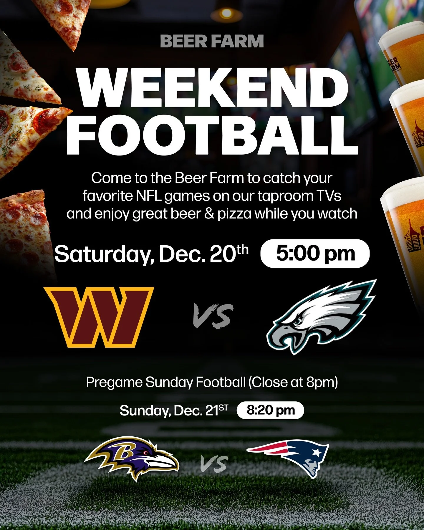 Your weekend football spot is here 🏈 Kick back and watch or pregame your favorite NFL games with craft beer and brick oven pizza 🍕🍻 #BeerFarm #NFL