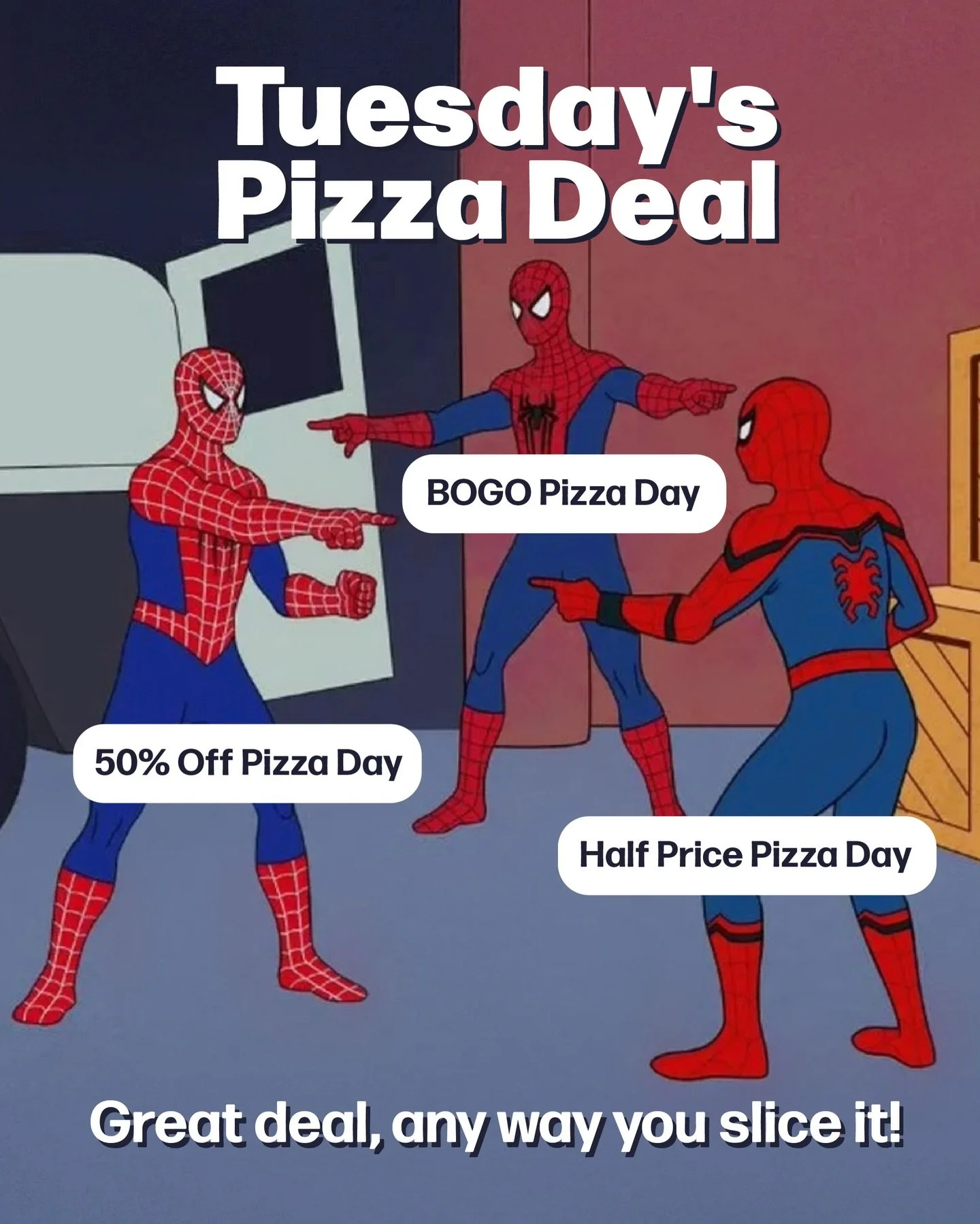 50% off, half price, or BOGO pizza day&hellip; our Tuesday pizza deal is amazing any way you slice it! 🔥 January &amp; February pizza deals are the perfect way to start the week, plus don&rsquo;t forget Monday&rsquo;s deal: buy a pizza and get a Tak