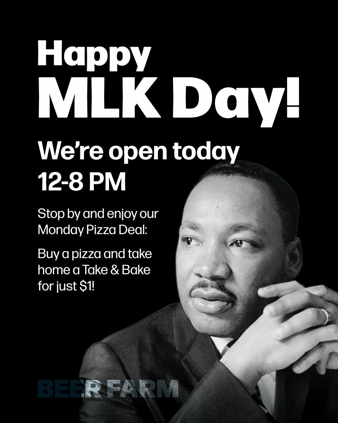 Happy MLK Day! We&rsquo;re open today from 12-8 PM, so stop by for pizza and beers 🍻 Don&rsquo;t forget our Monday Pizza Deal: buy a pizza and take home a Take &amp; Bake for just $1! 🍕 #BeerFarm #PizzaDeal #DrinkLocal #BrookevilleBeerFarm