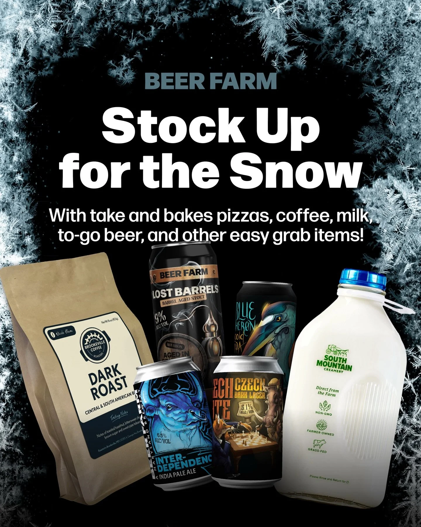 Snow&rsquo;s on the forecast! ❄️ Stock up at Brookeville Beer Farm 🍻 Grab take and bake pizzas, coffee, milk, to-go beer, and other easy grab items so you&rsquo;re set for a cozy weekend in! 🍕 #BeerFarm #StockUp #ShopLocal #DrinkLocal #BrookevilleB