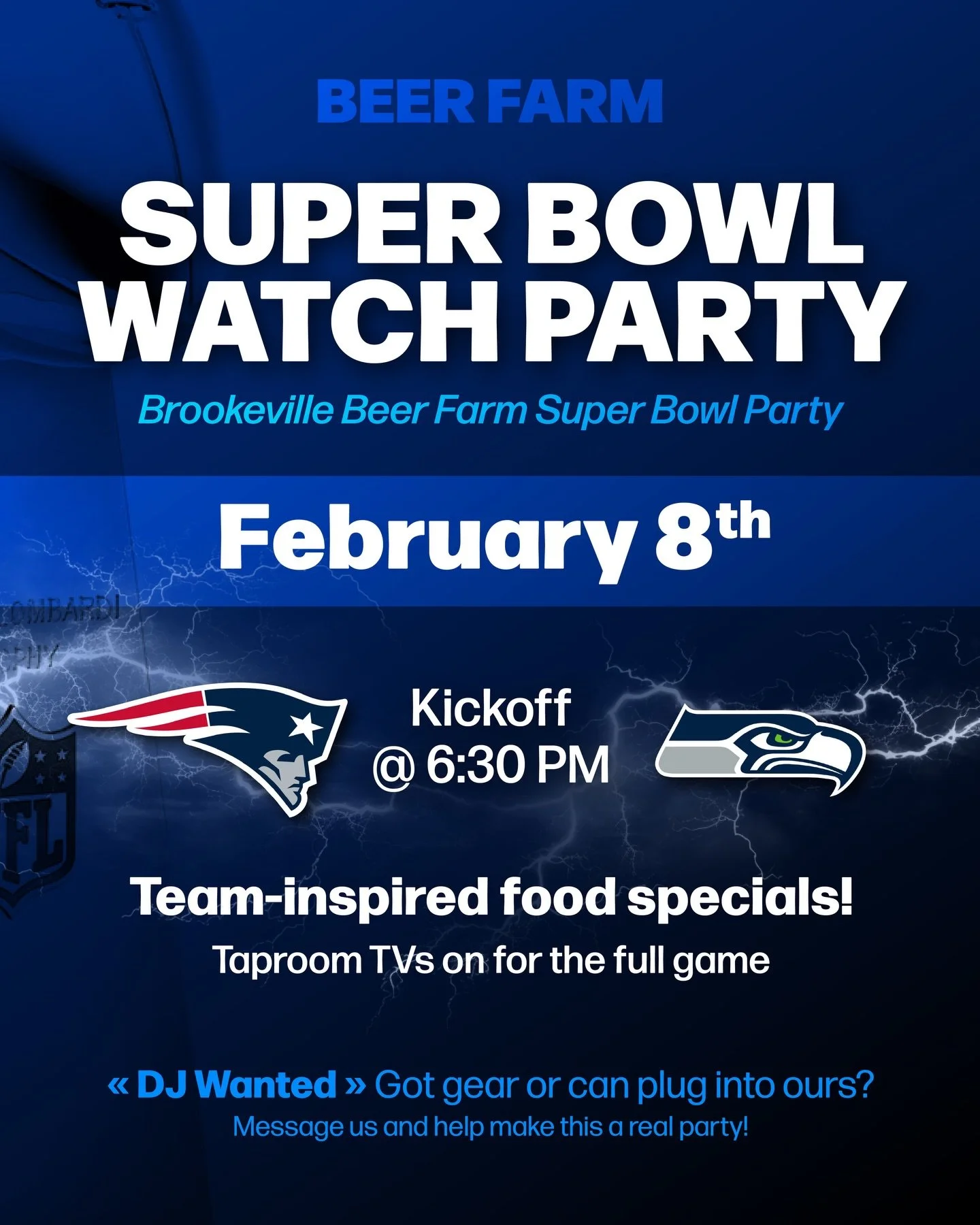 Spend Super Bowl Sunday with us at Brookeville Beer Farm! 🏈 Join us February 8 for our Super Bowl Watch Party with kickoff at 6:30 PM, taproom TVs on for the full game, and team-inspired food specials 🍕 Pats fans, Seahawks fans, and all football fa