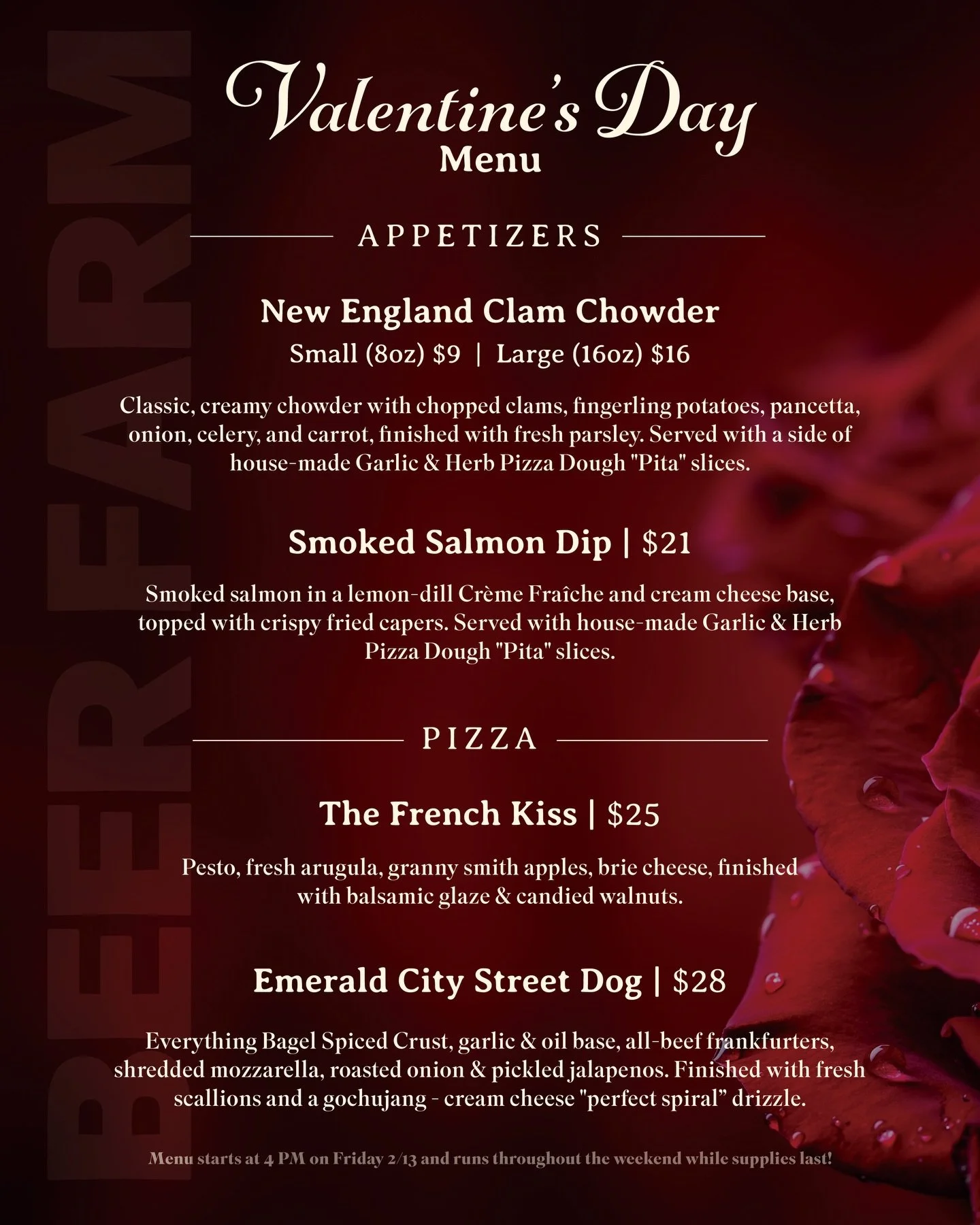 Our Valentine&rsquo;s Day Menu is here ❤️ From clam chowder and smoked salmon dip to specialty pizzas like The French Kiss and Emerald City Street Dog, Chef Jay put together something special for the weekend 🍽️ Bring your date, your friends, or just