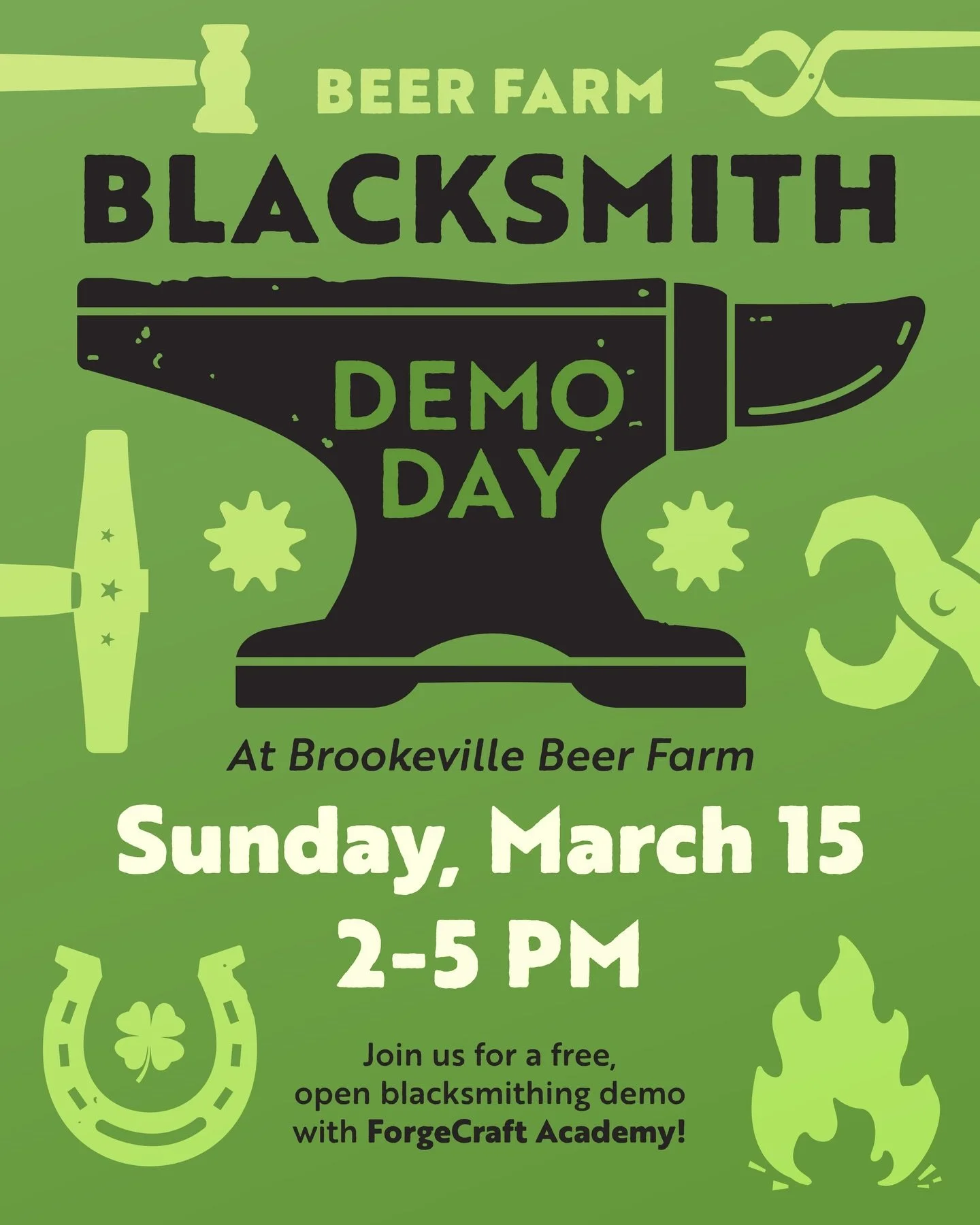 Blacksmith Demo Day is coming up 🍀 Join us at Brookeville Beer Farm for a FREE, open blacksmithing demo with ForgeCraft Academy on Sunday, March 15 from 2-5 PM 🔥 Drew Buckingham will be crafting St. Patrick&rsquo;s Day themed items and handing them