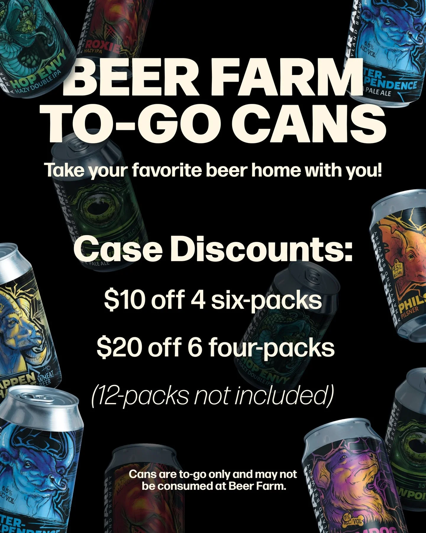 Take your favorite beer home with you 🍻 Enjoy our case discounts: $10 off 4 six-packs or $20 off 6 four-packs 🎉 Stock up and save 😊 #BeerFarm #CraftBeer #DrinkLocal #BrookevilleBeerFarm