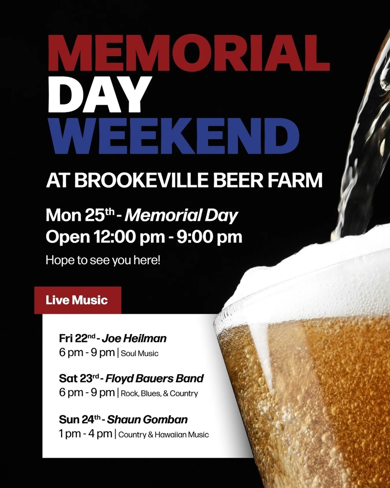Brookeville Beer Farm is the place to be this Memorial Day Weekend ❤️ We&rsquo;ve got live music all weekend long, so come out and enjoy great beer, pizza, and good times with us 🎶 Open 12-9 PM on Memorial Day 🍻

This weekend also kicks off our new