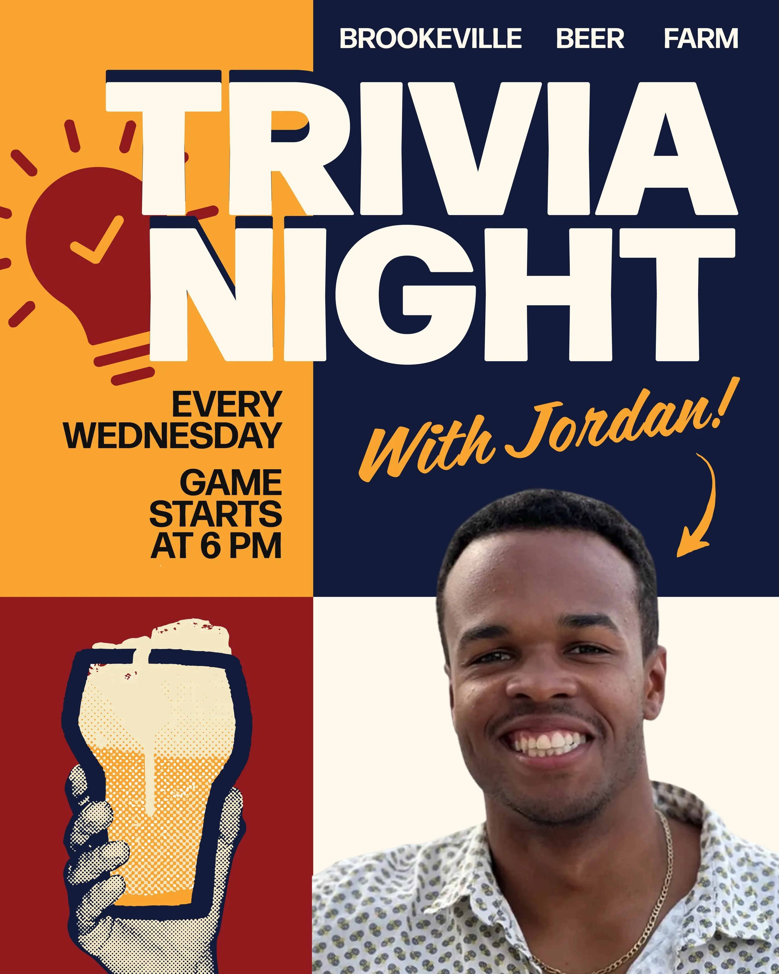 Join Jordan for Trivia Night Wednesdays at Brookeville Beer Farm! 🧠 Grab your best team, sip on craft beer, order some pizza, and put your knowledge to the test 💭 Game starts at 6 PM, arrive early to claim your spot! See you here 🍻 #BeerFarm #Triv