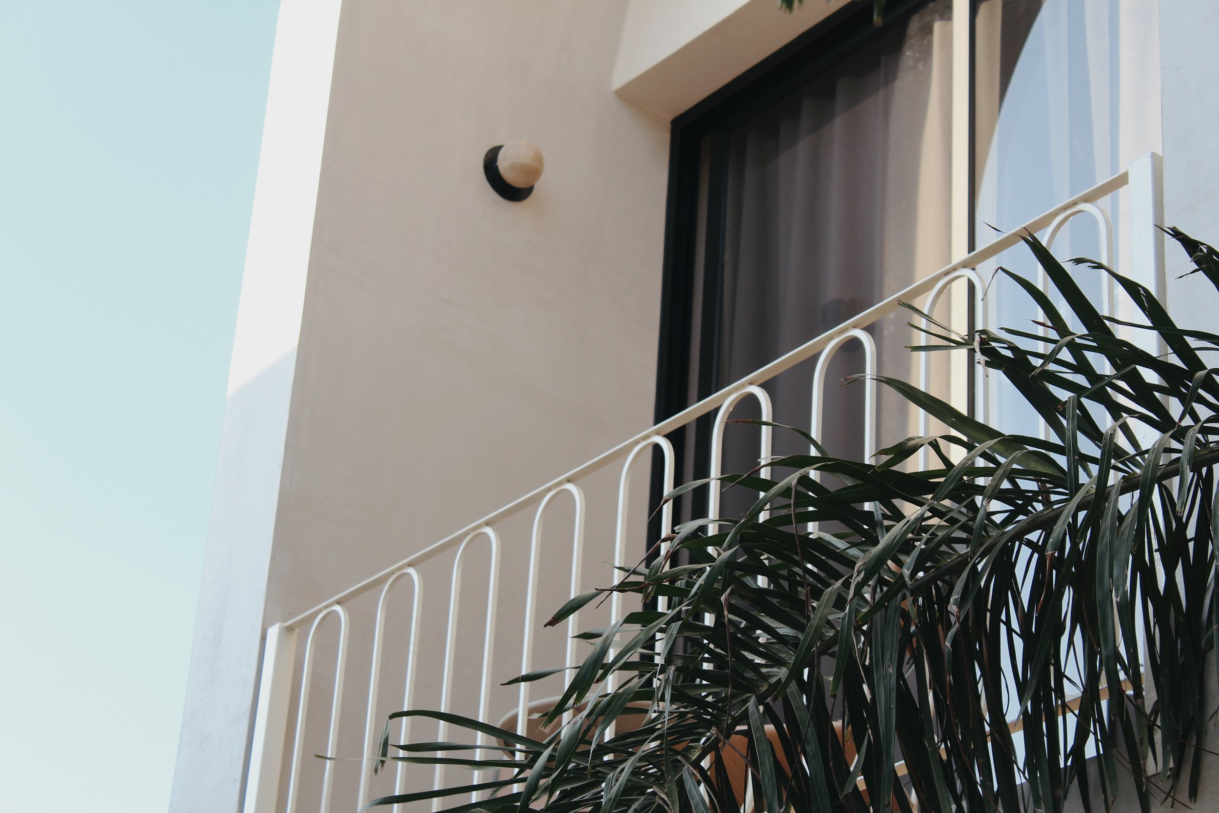 Modern balcony with white railing, glass door, and palm leaves in foreground.