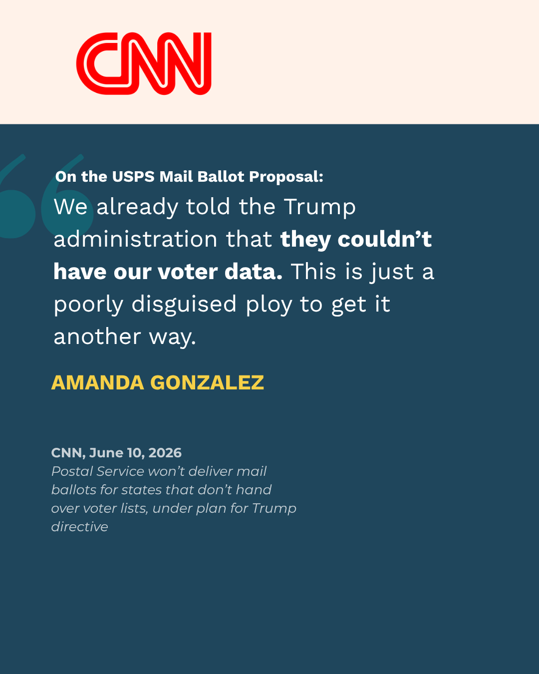 Amanda Gonzalez spoke to CNN about the USPS Proposal to interfere with mail ballots as a national elections expert. She says, "they couldn't have our voter data."