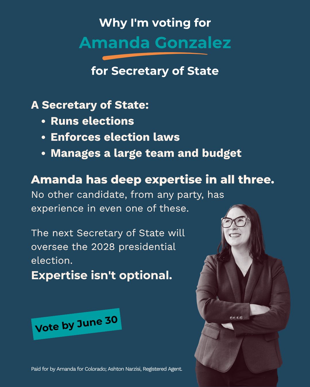 Campaign poster supporting Amanda Gonzalez for Secretary of State, highlighting her experience and urging a vote by June 30.