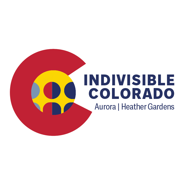 Logo for Indivisible Colorado with a red crescent shape, a yellow circle with blue and white dots inside, and text indicating Aurora and Heather Gardens.