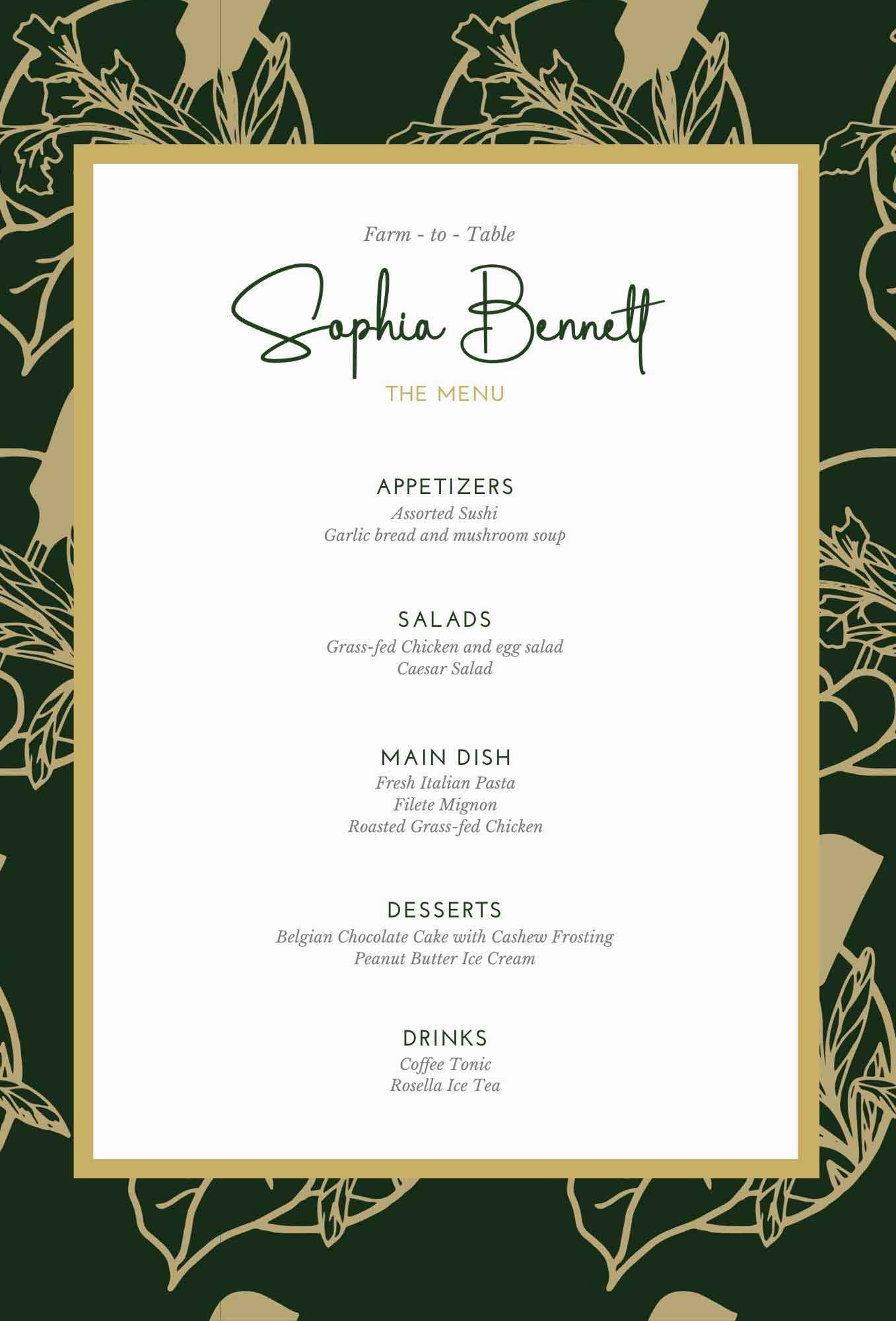 Example of a menu design using a custom logo and brand colors, with clean typography and organized sections to showcase a cohesive and visually appealing menu layout.
