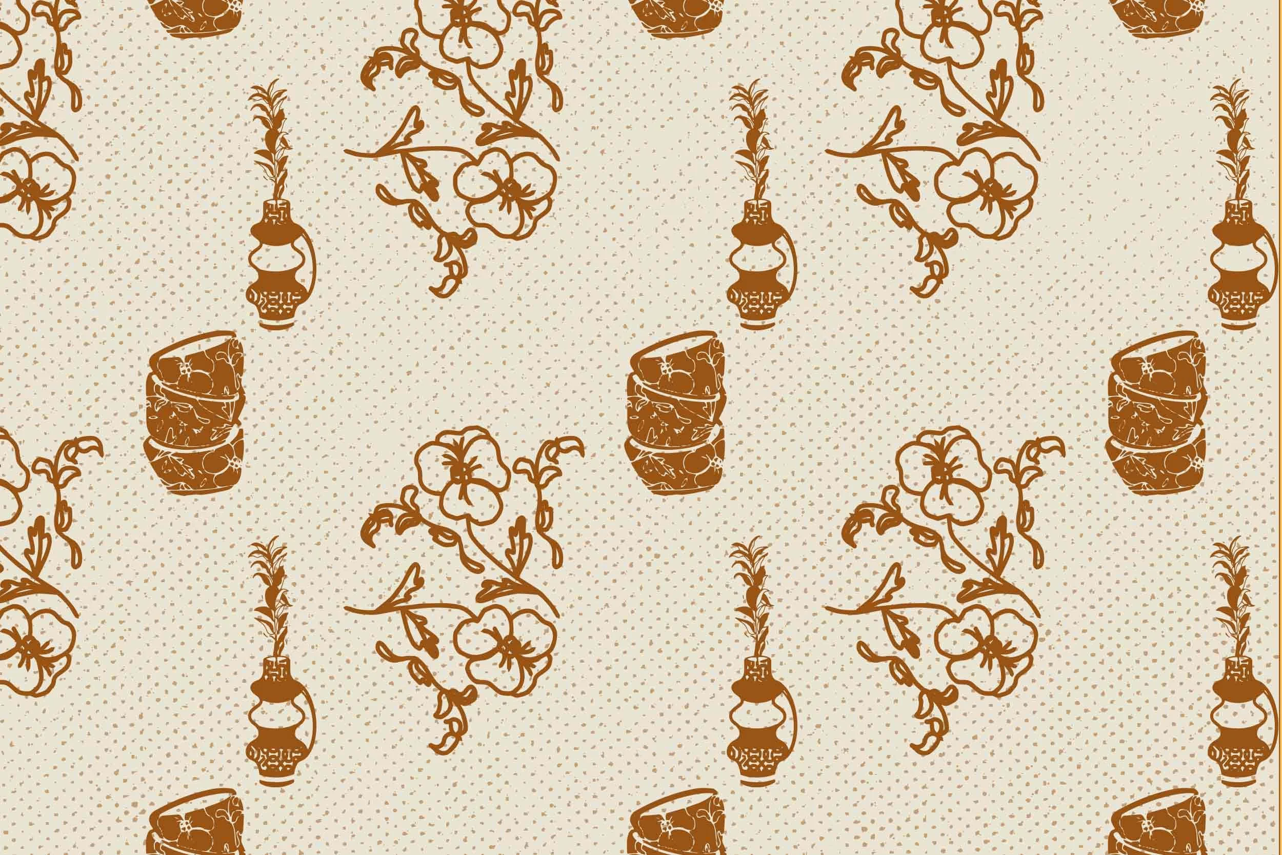 Custom brand pattern designed for a pottery studio, featuring artistic and minimalist elements inspired by pottery shapes and textures, displayed in a cohesive and elegant style.