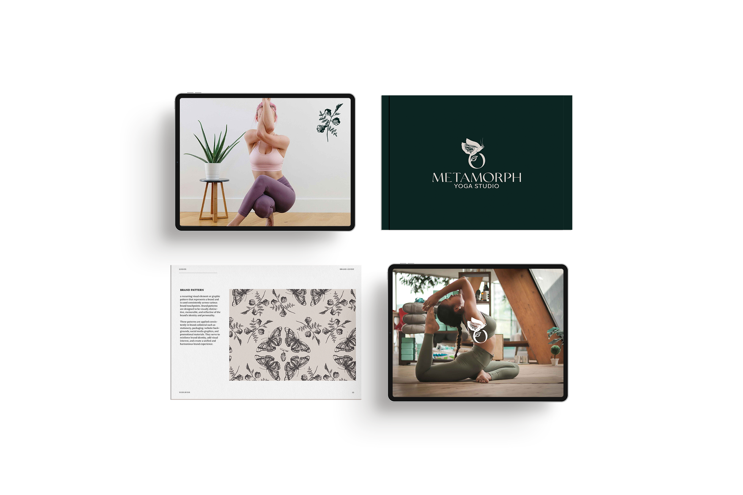 Example of a brand guide for a yoga studio, featuring several pages with logo usage, color palette, typography, and design elements, creating a cohesive visual identity for the studio. Branding created by Neourish Brand Marketing Studio.
