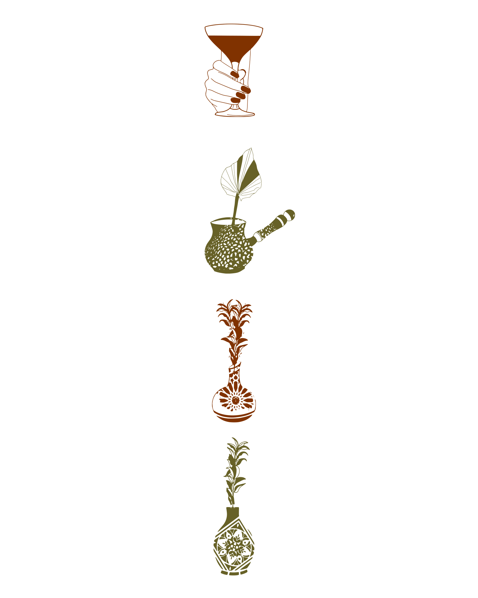 Custom hand-drawn illustrations created for a coffee bar, featuring elements related to branding in a creative and artistic design. Branding created by Neourish Brand Marketing Studio.