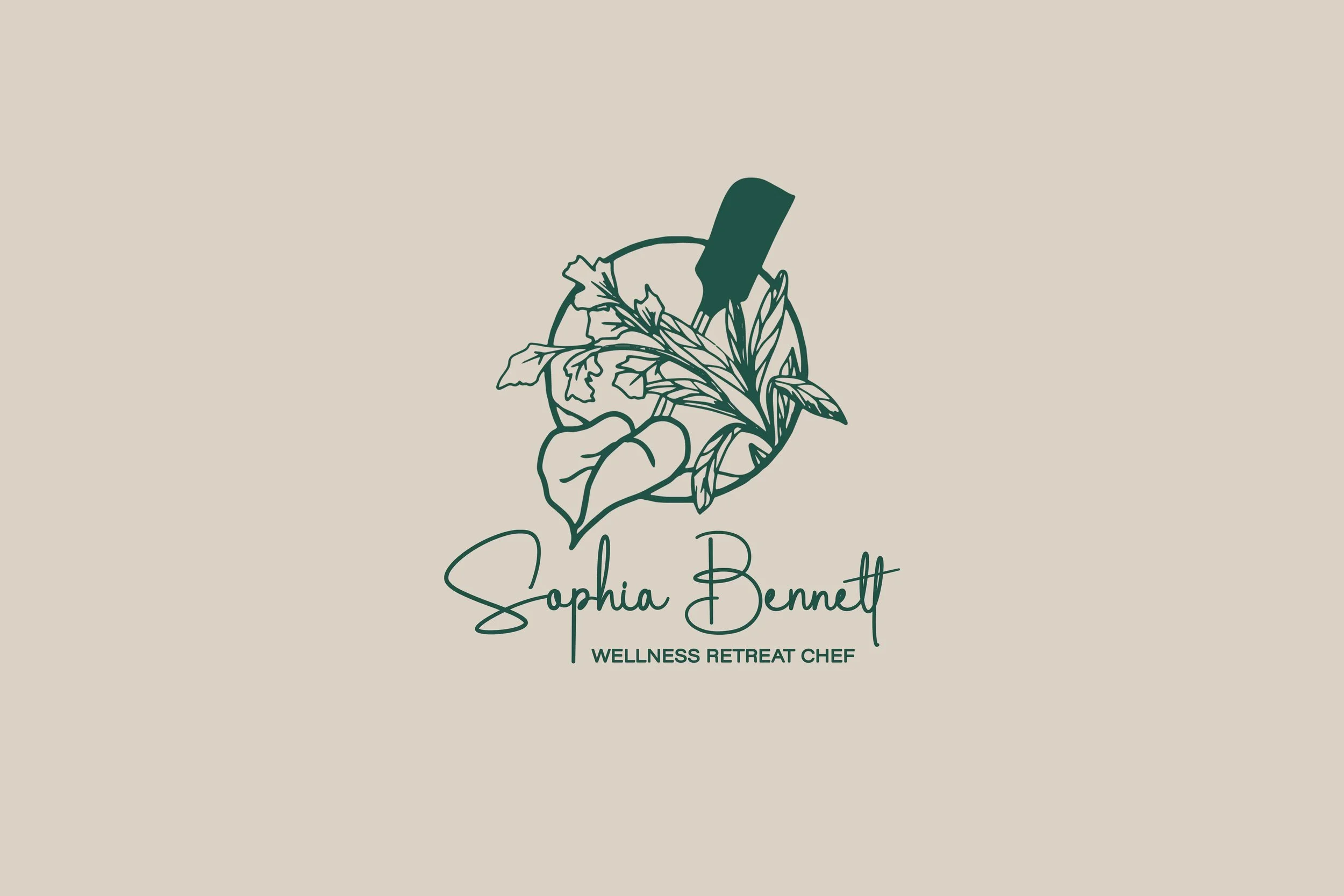 custom brand logo variation featuring a handwritten font in the foreground, representing a nutritionist and culinary chef for a wellness retreat, blending organic and personalized design elements. Branding created by Neourish Brand Marketing Studio..