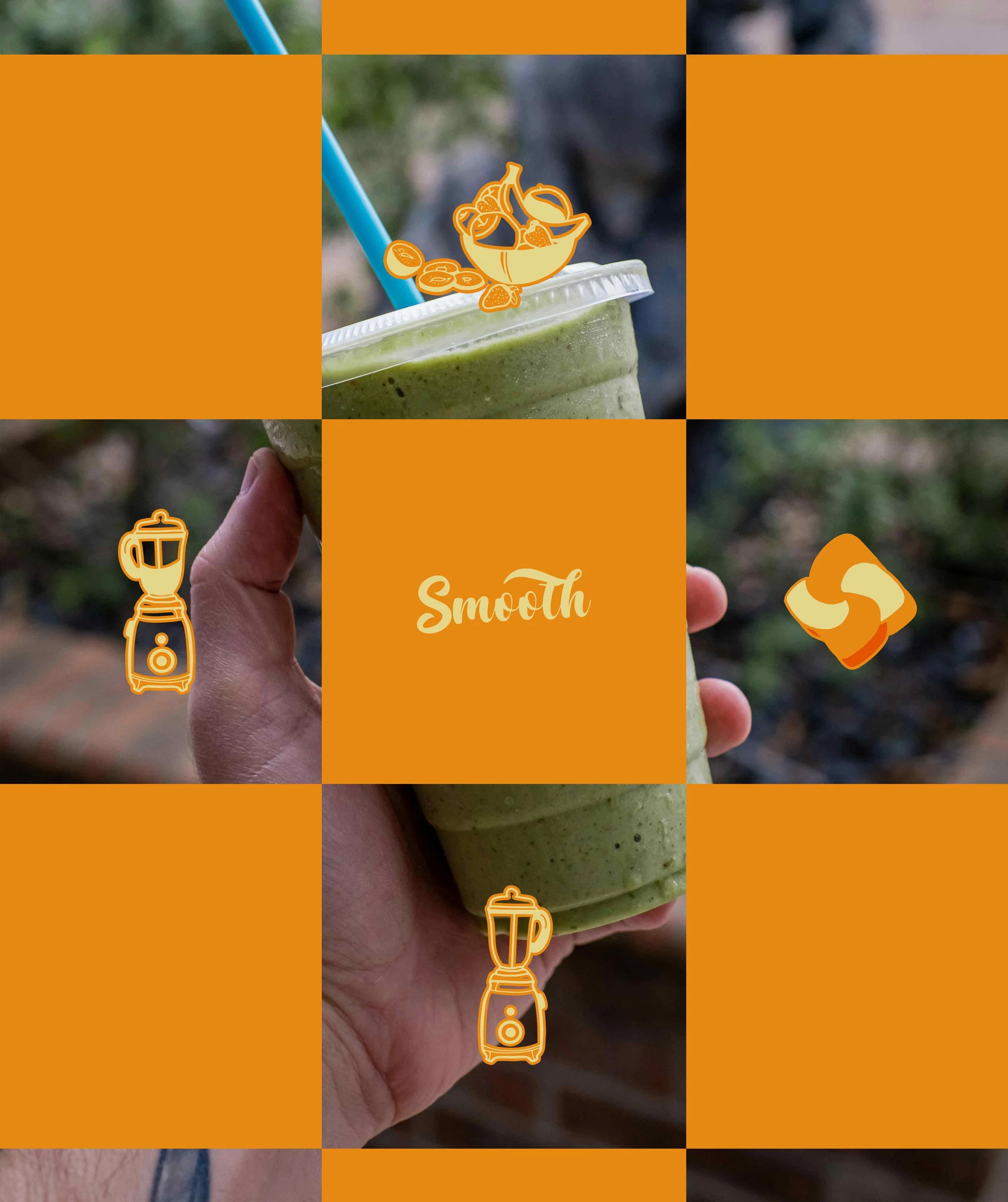 Background showing a hand holding up a green smoothie, with the logo and brand illustrations in the foreground, reflecting a fresh and vibrant brand image.