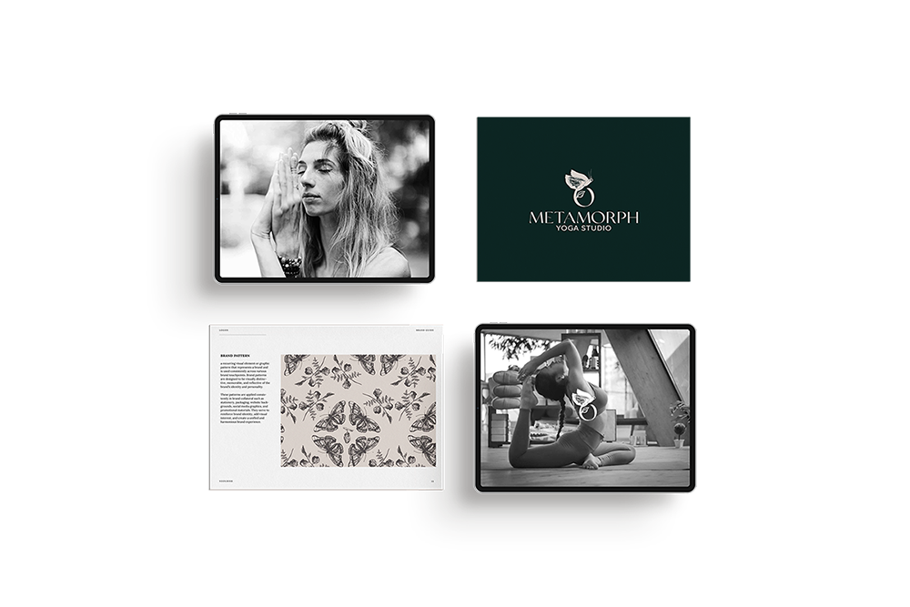 Brand guide mockup for a yoga studio, small business. Branding created by Neourish Brand Marketing Studio.