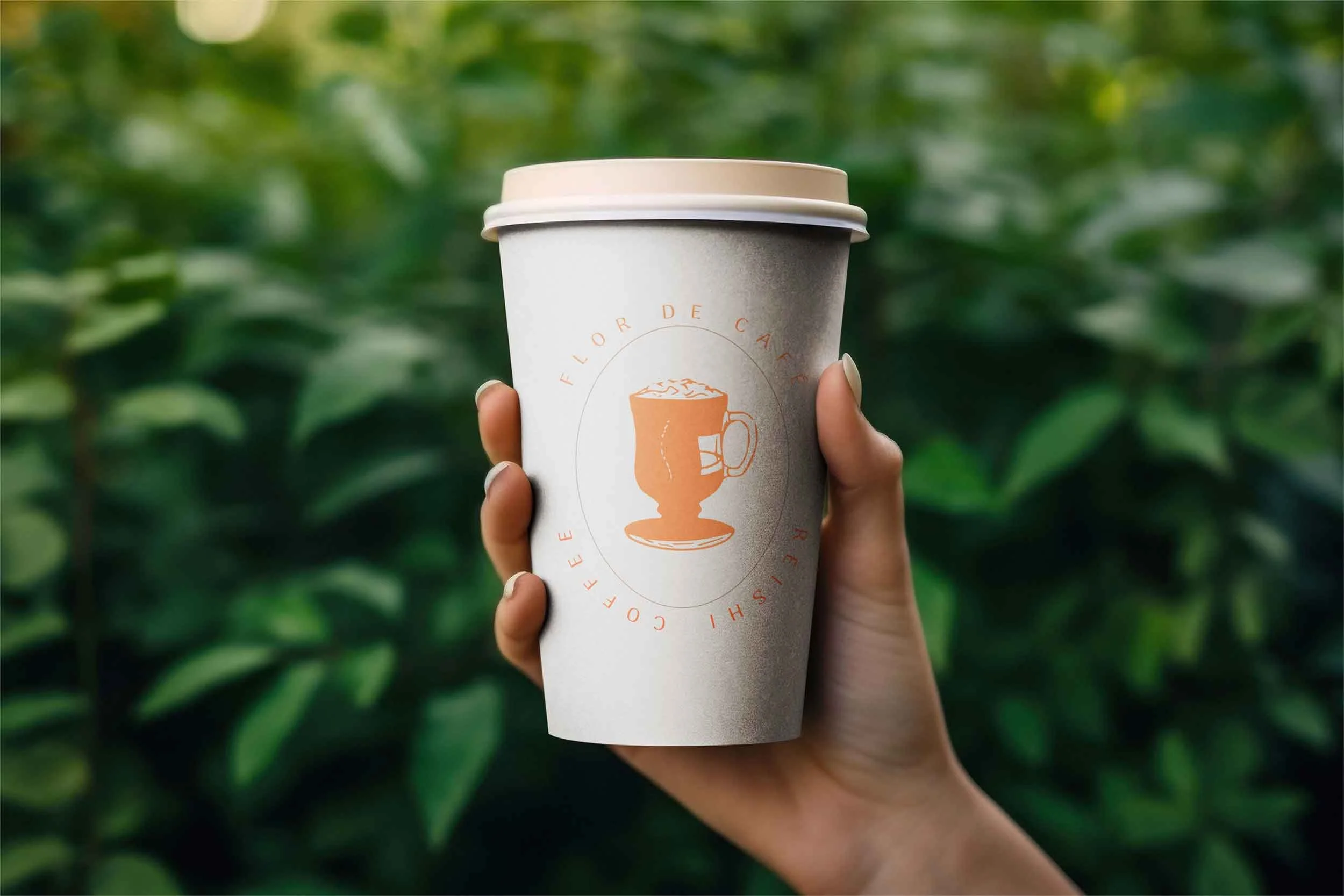 female hand is holding white coffee cup with custom brand illustration on it. Background is blurred green leafs. Custom logo created for an artisan cafe. Visual Brand Identity created by Neourish Brand Marketing Studio.
