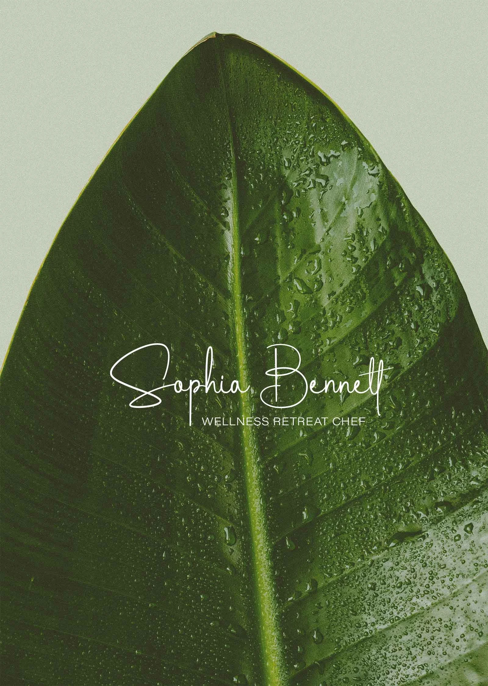 Leaf in the background with a brand logo featuring a handwritten font in the foreground, representing a nutritionist and culinary chef for a wellness retreat, blending organic and personalized design elements. Branding created by Neourish.