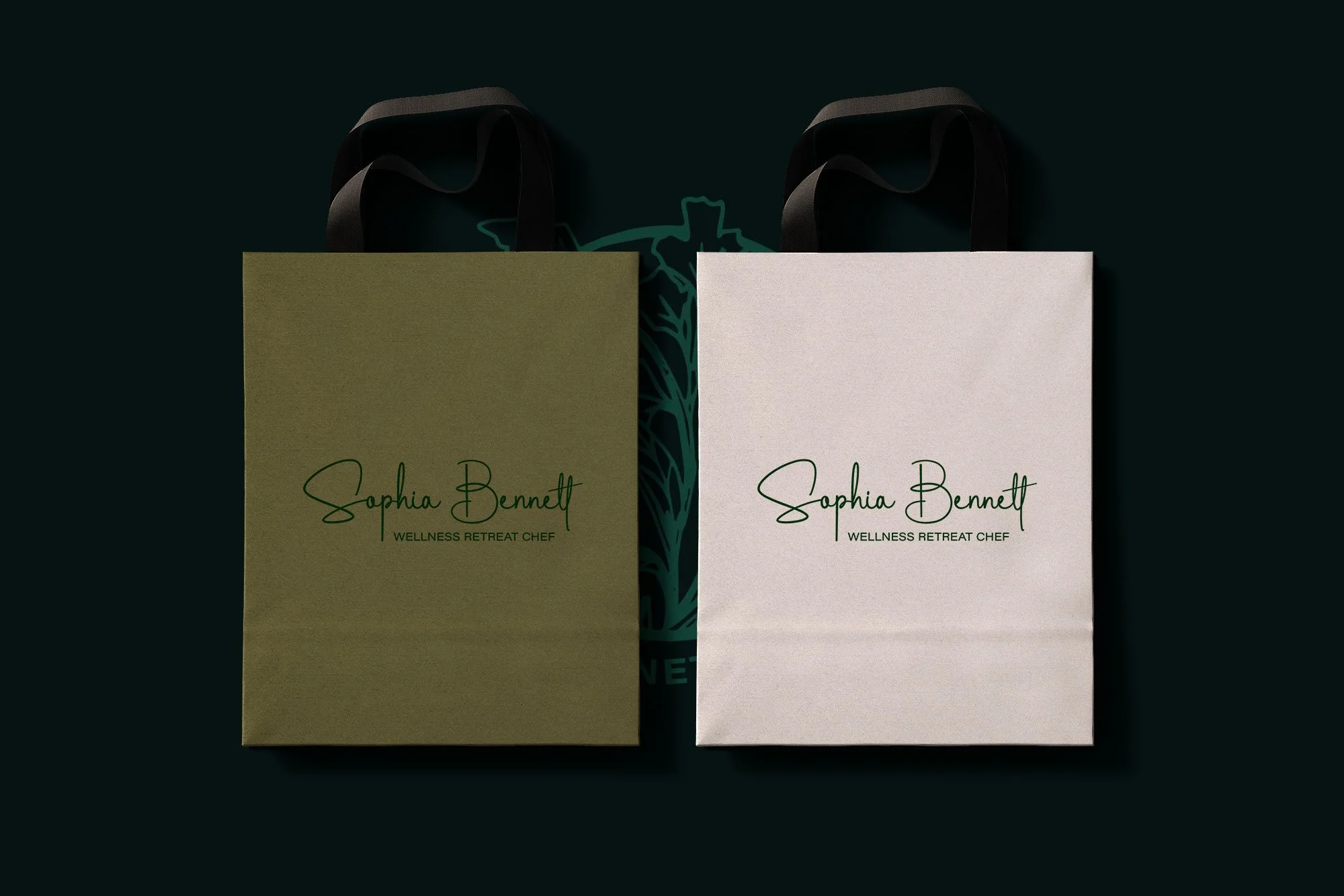Two bags arranged in a flat lay, each featuring a custom logo, creating a stylish and professional display of brand identity.