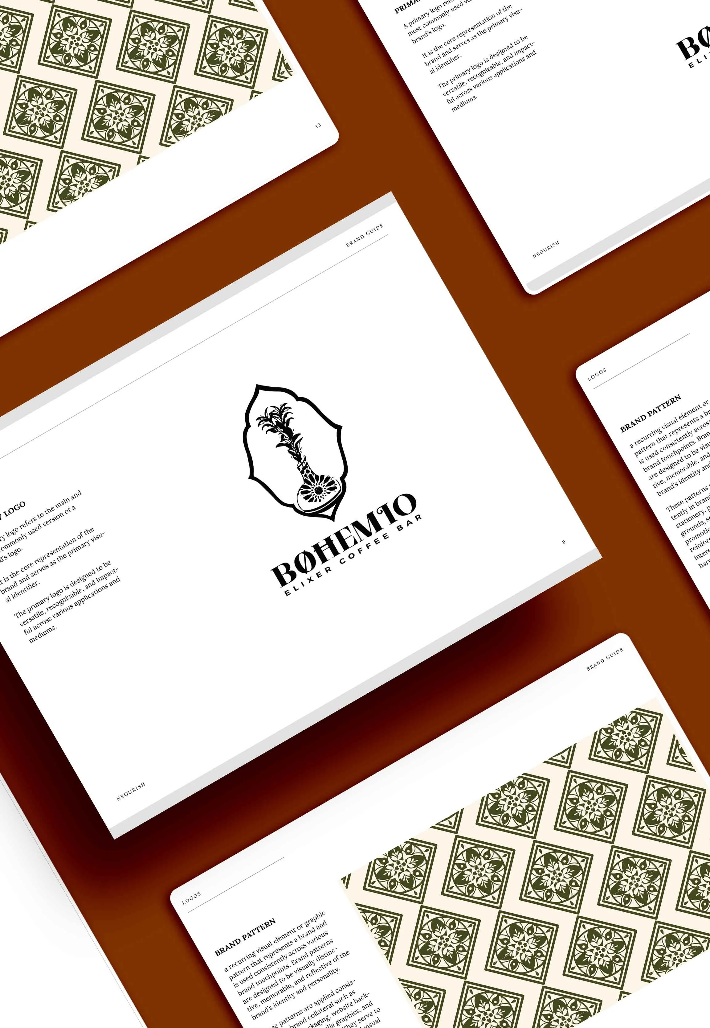 Client brief example for a coffee shop, detailing brand goals, target audience, color palette, logo concepts, and marketing strategies, displayed in a professional, clean layout created by Neourish Brand Marketing Studio for small businesses