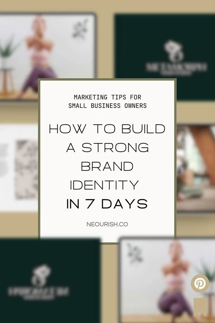 Brand guide mockup for a yoga studio in the background, with an overlay in the foreground displaying the blog title 'How to Build a Strong Brand Identity' for a Pinterest pin.