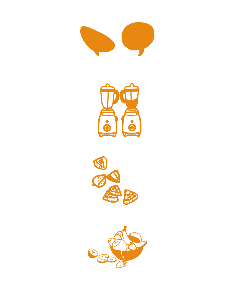 Custom retro brand illustrations with brand colors, created for a smoothie café, featuring vintage typography and vibrant design elements that reflect the café’s fun and nostalgic vibe. Branding created by Neourish Brand Marketing Studio.