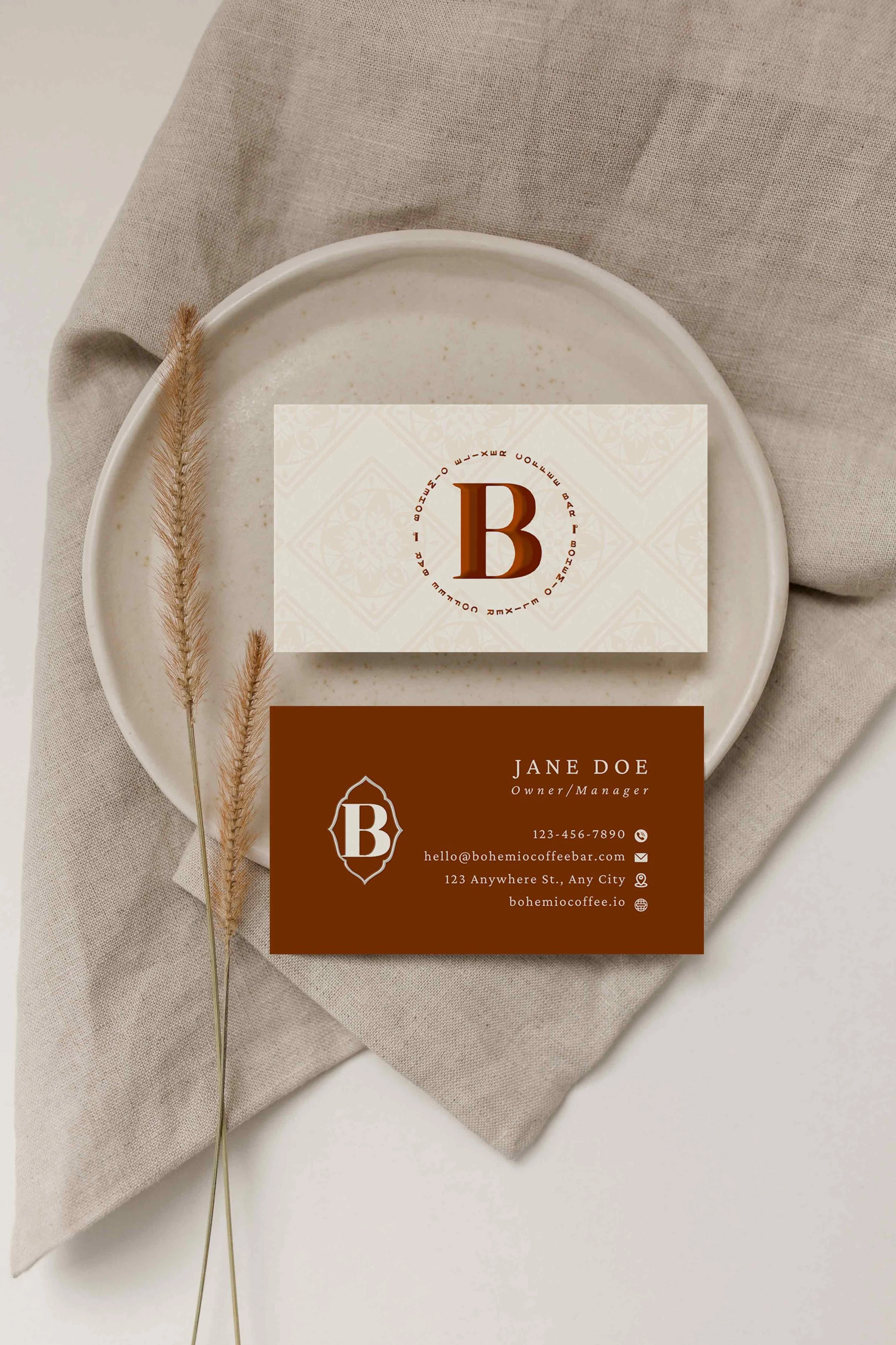Example of a coffee shop business card featuring the café name, logo and brand colors, with a clean and modern design created by Neourish Brand Marketing Studio for small businesses.