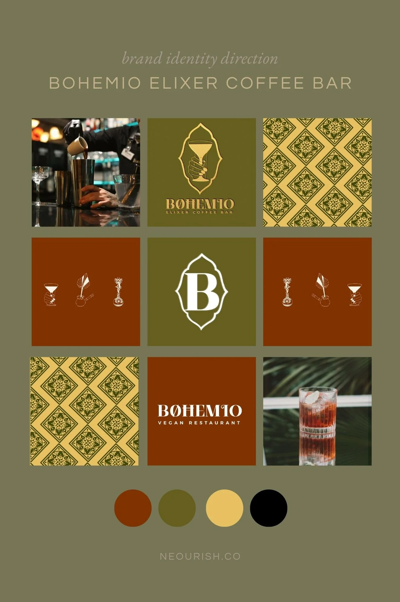 image is brand identity images for coffee bar, showing color selection and custom brand pattern. Branding created by Neourish Brand Marketing Studio.