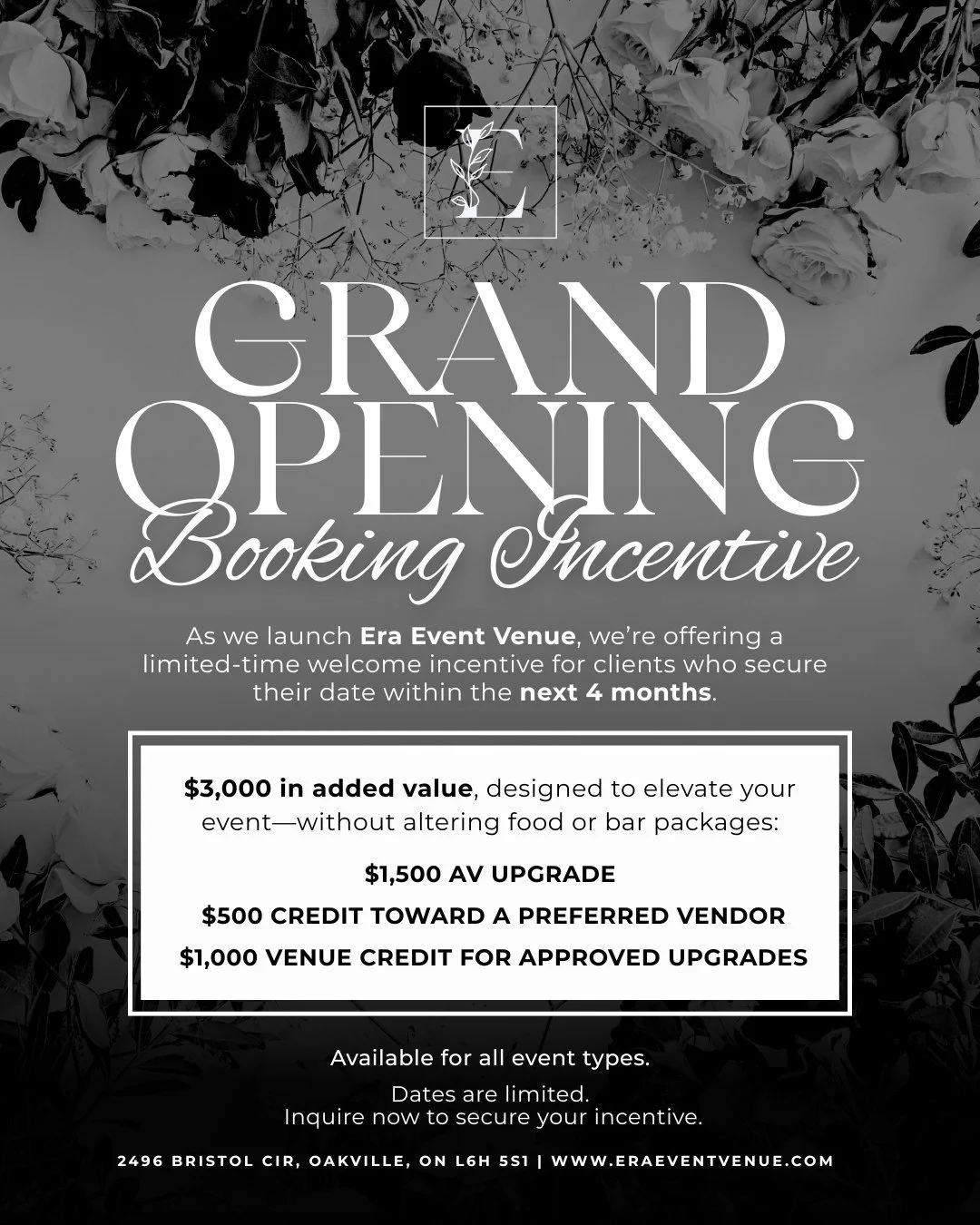 Grand Opening. Grand Incentive. ✨
Book your event at Era Event Venue and receive $3,000 in added value when you secure your date within the next 4 months.

#GrandOpening #EraEventVenue #EventVenue #LuxuryEvents #OakvilleEvents #TorontoEvents #GTAEven