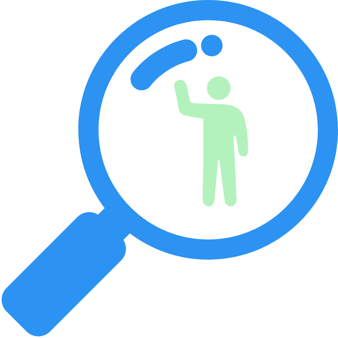 A magnifying glass focusing on a human figure with a raised hand, symbolizing searching or examining people.