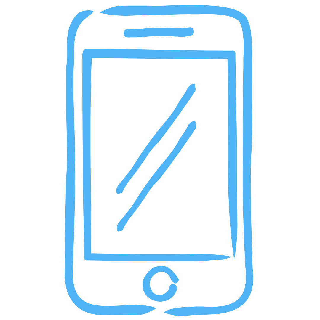 Line drawing of a smartphone with a glass screen, showing two diagonal lines, one short and one long, inside the display area.