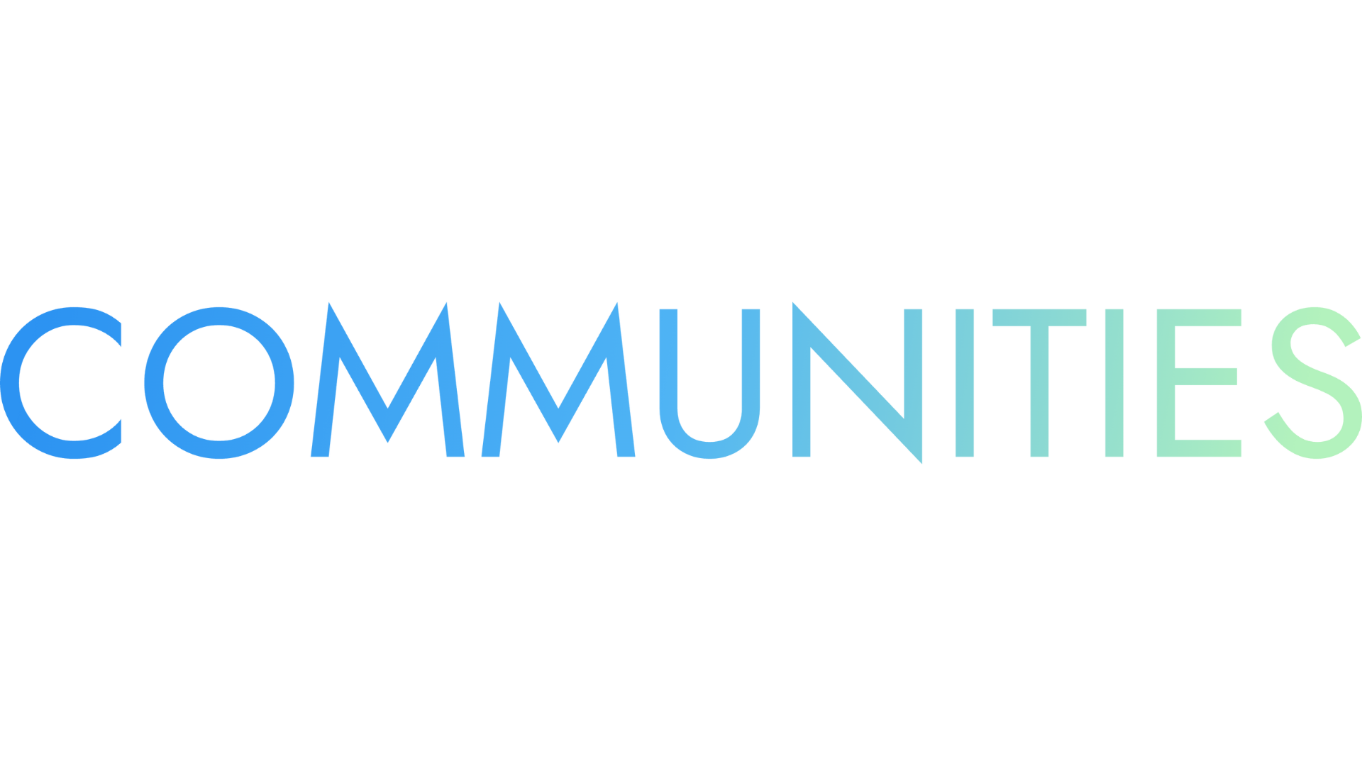 The word 'COMMUNITIES' in colorful, stylized 3D text with a gradient of blue and green