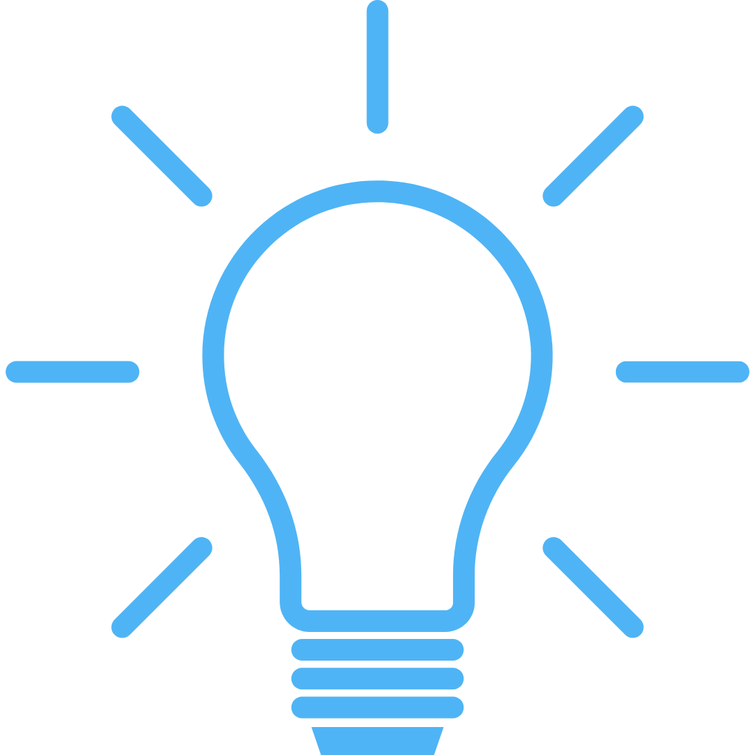 Blue outline of a light bulb with lines radiating outward, symbolizing an idea or innovation.