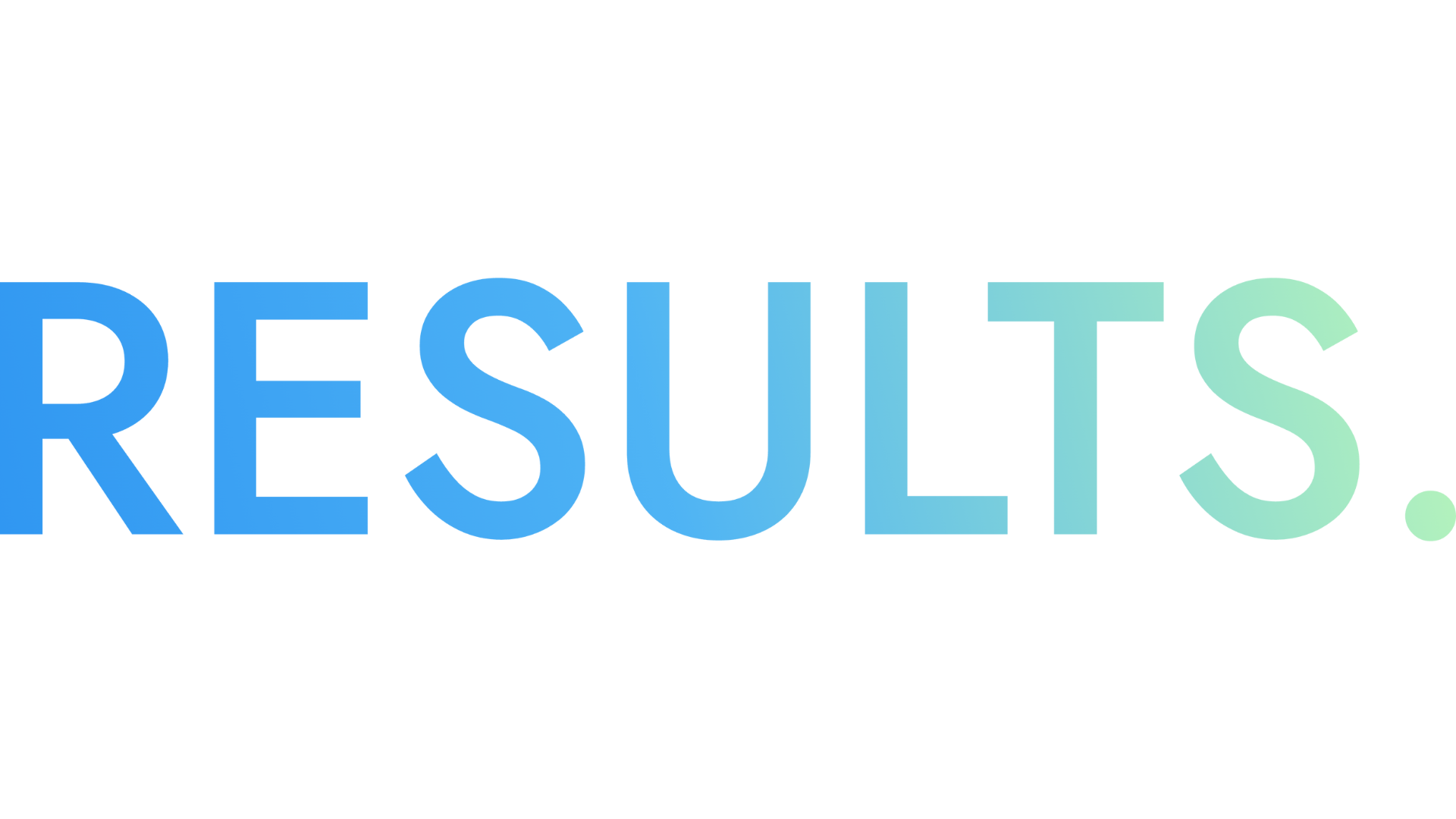 The word 'RESULTS' in large, illuminated 3D text with blue and green coloring against a black background.