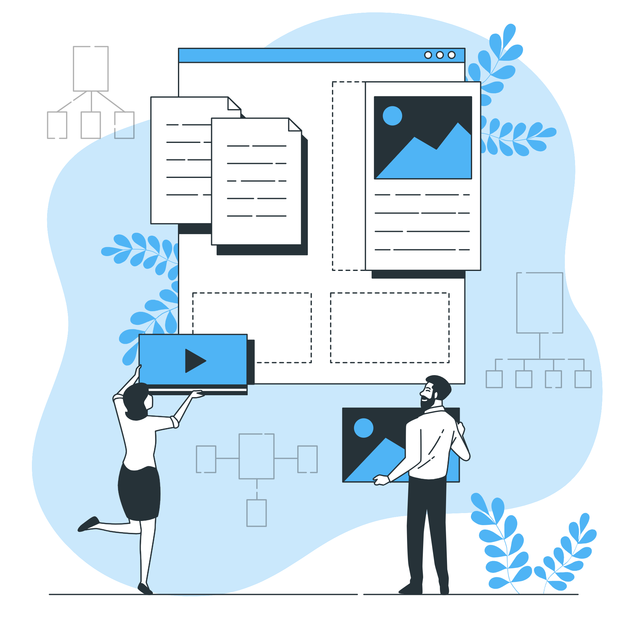 Illustration of a digital design workspace with documents, photos, and video elements, featuring a woman holding a video play icon and a man arranging a photo, surrounded by blue plant accents and flowcharts.