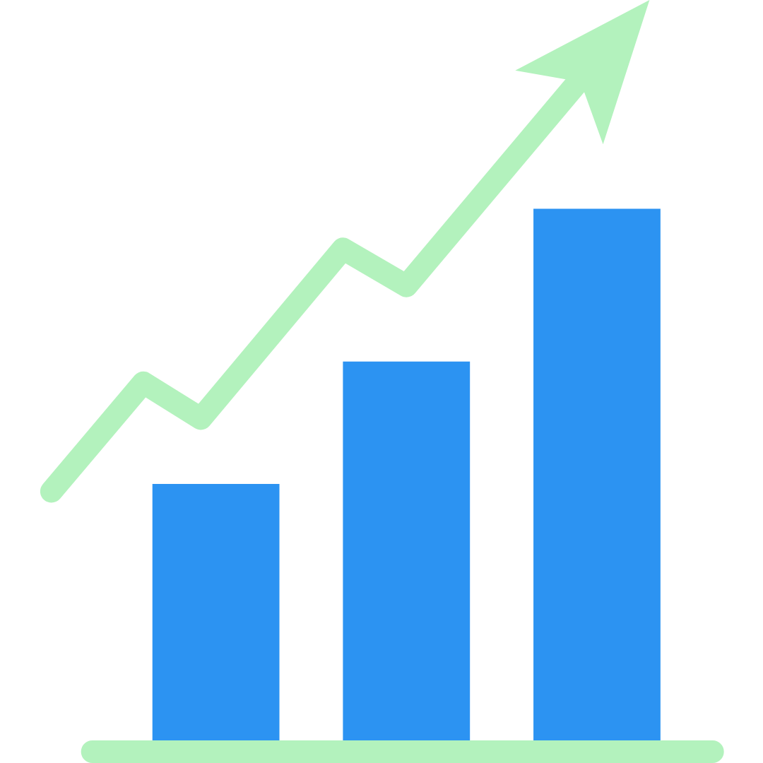 Blue bar chart with three increasing bars and a green upward trend arrow.