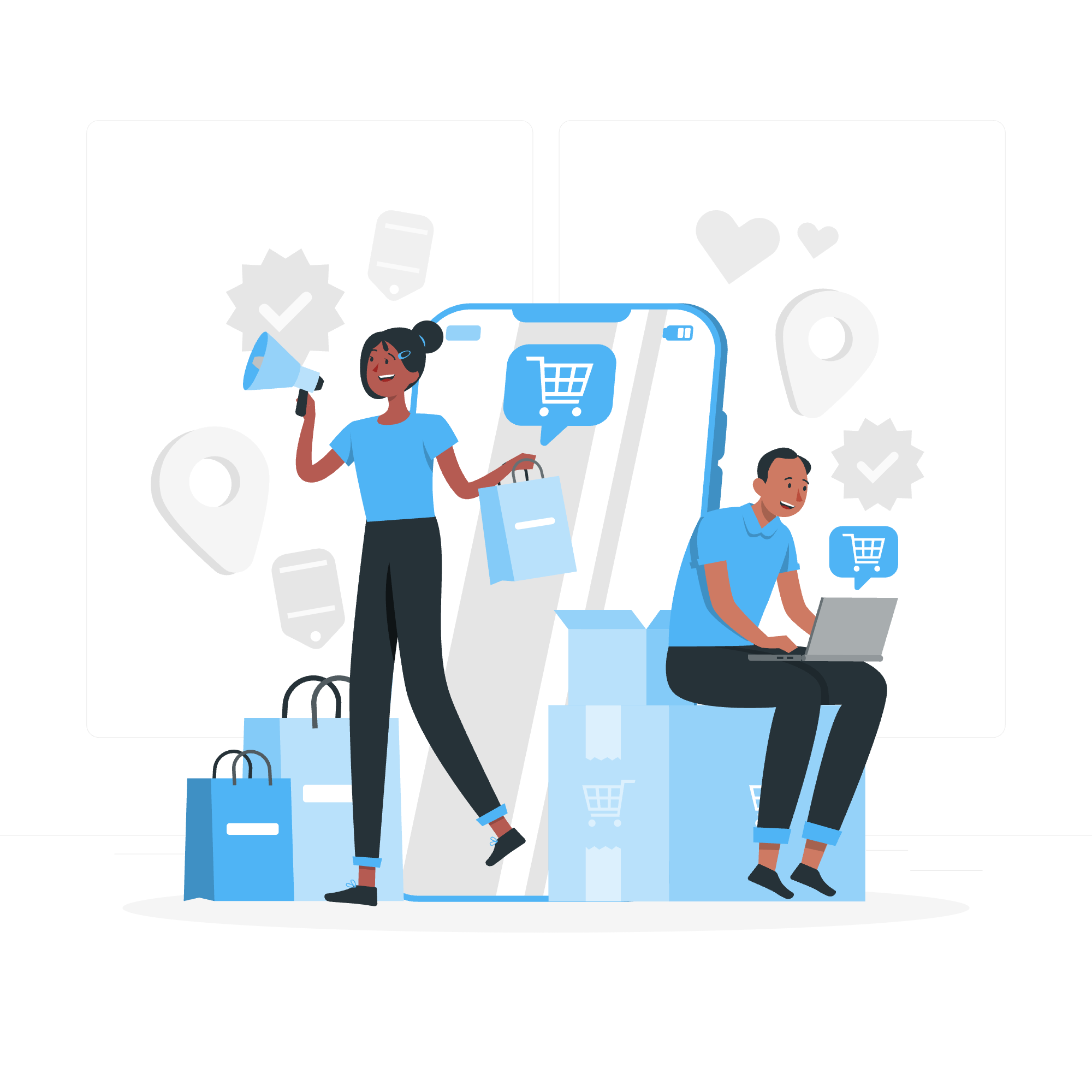 Illustration of two people engaged in online shopping, with a large smartphone displaying a shopping cart icon in the background. One person is standing with a shopping bag and megaphone, and the other is sitting with a laptop. There are shopping bags, location pins, checkmarks, and hearts surrounding them, all set against a black background.