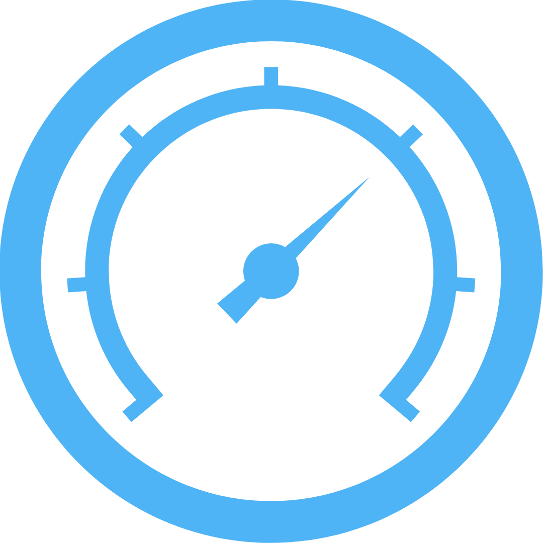 A blue and black analog speedometer gauge with a needle pointing to the right, indicating a high level of measurement.