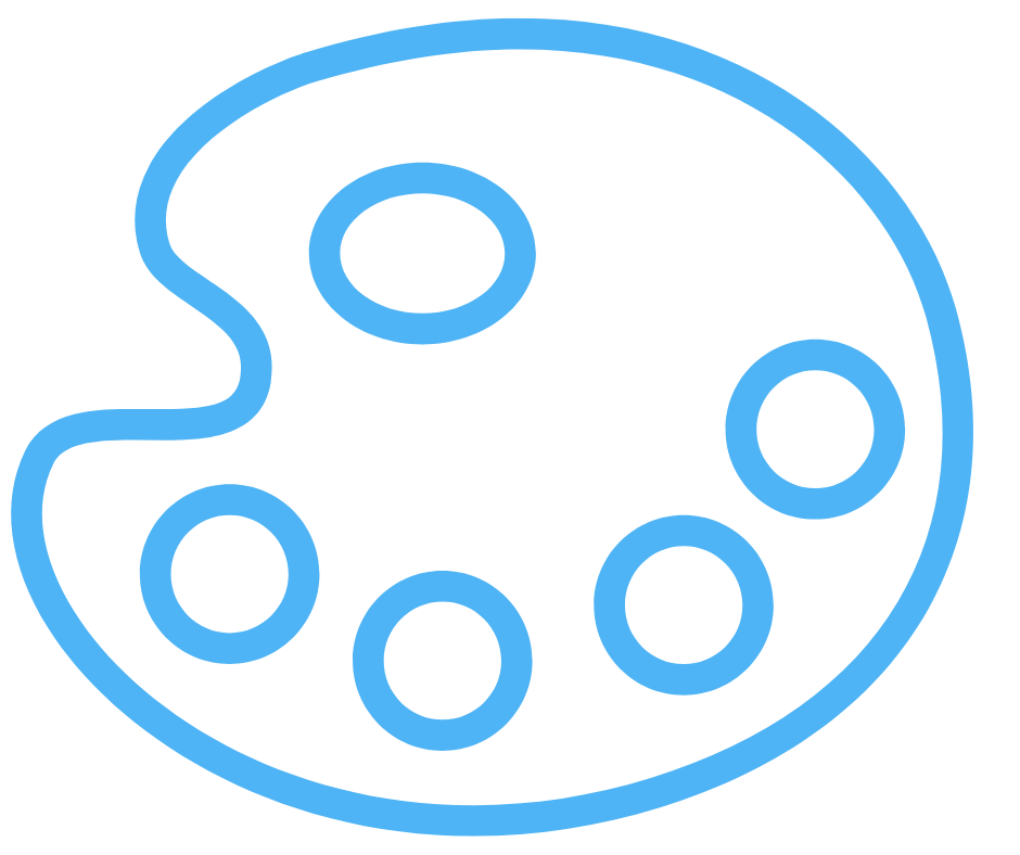 Outline of a painter's palette with six circular paint wells, represented in blue line art.