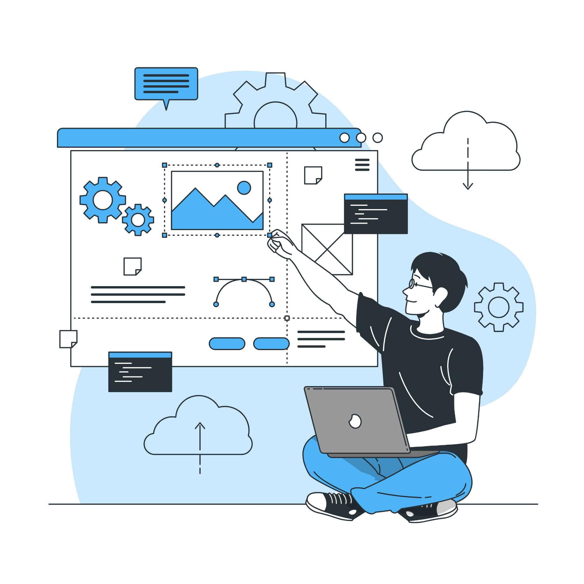 A person sitting cross-legged with a laptop, pointing at a digital interface with gears, charts, and cloud icons, representing data analysis or digital collaboration.